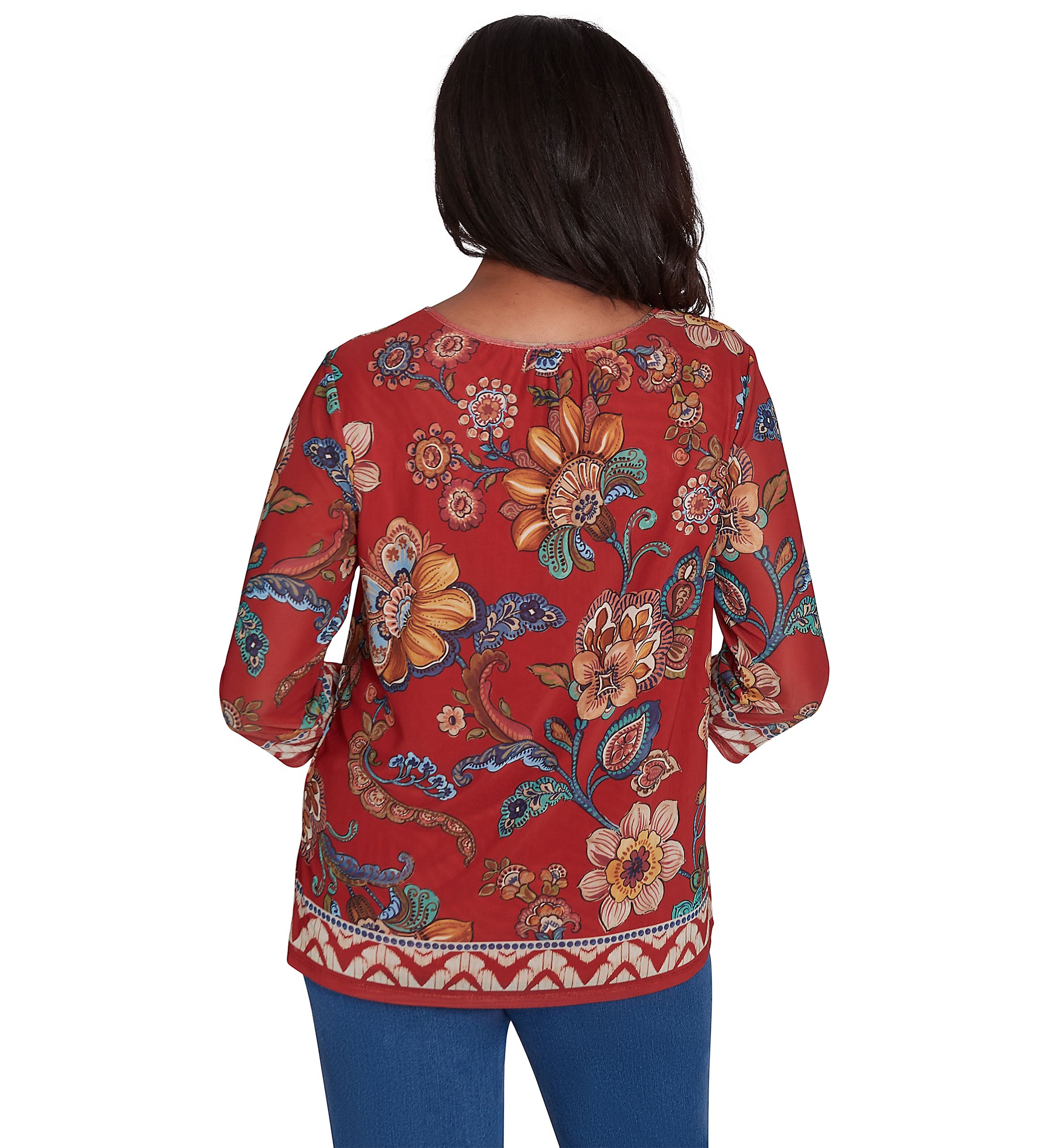 Petite Harvest Moon Floral Border Mesh Top