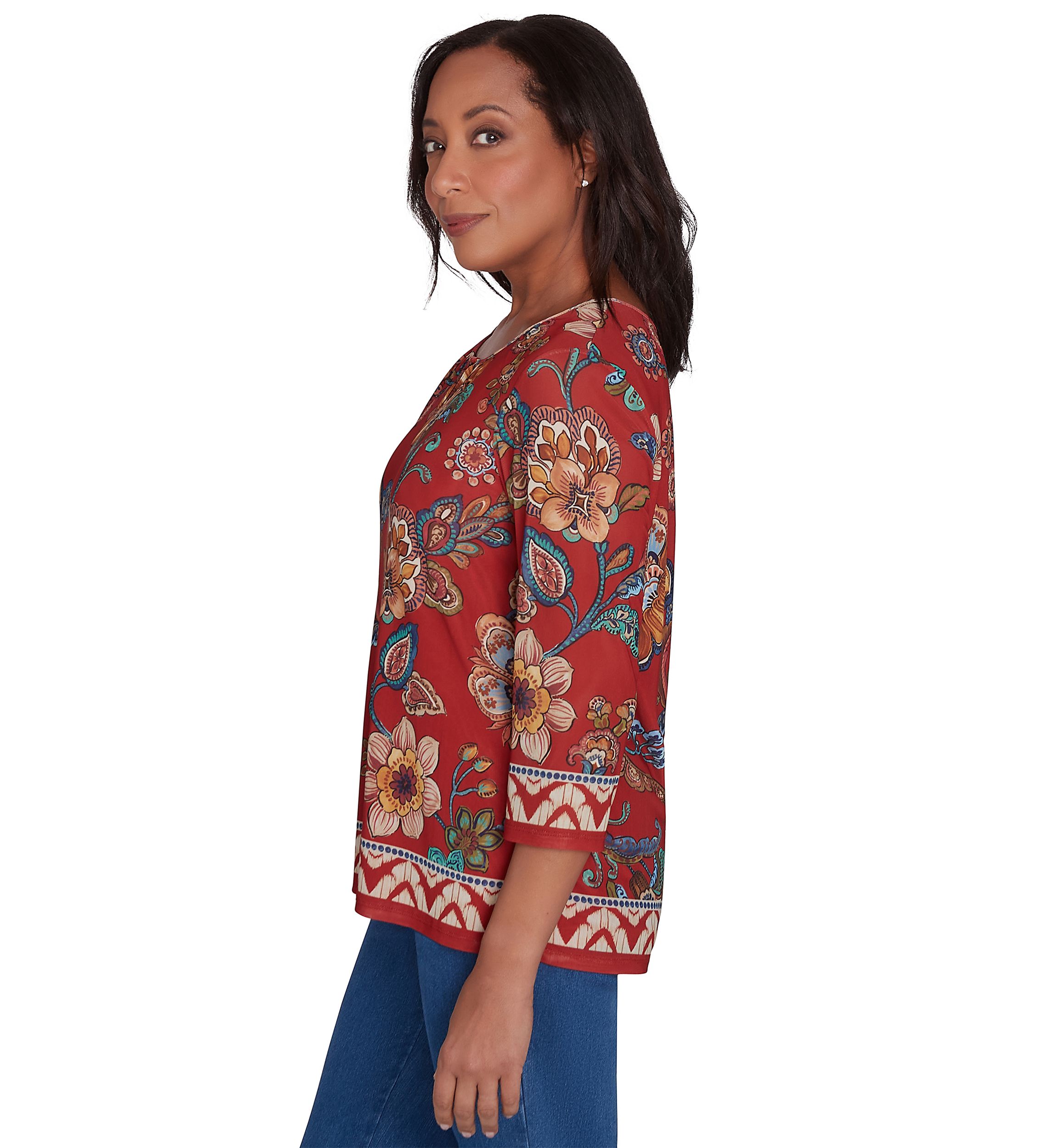 Petite Harvest Moon Floral Border Mesh Top