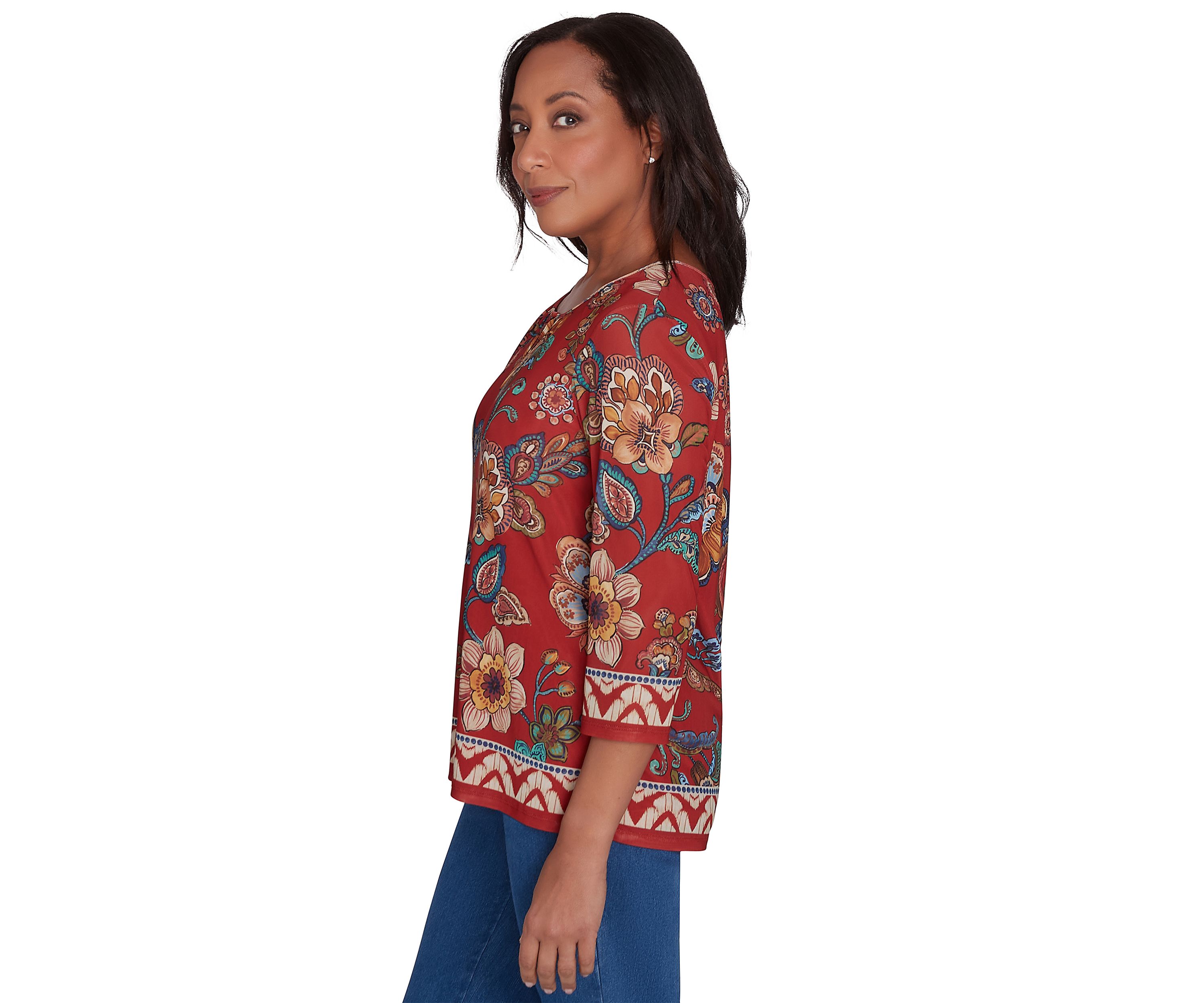 Petite Harvest Moon Floral Border Mesh Top