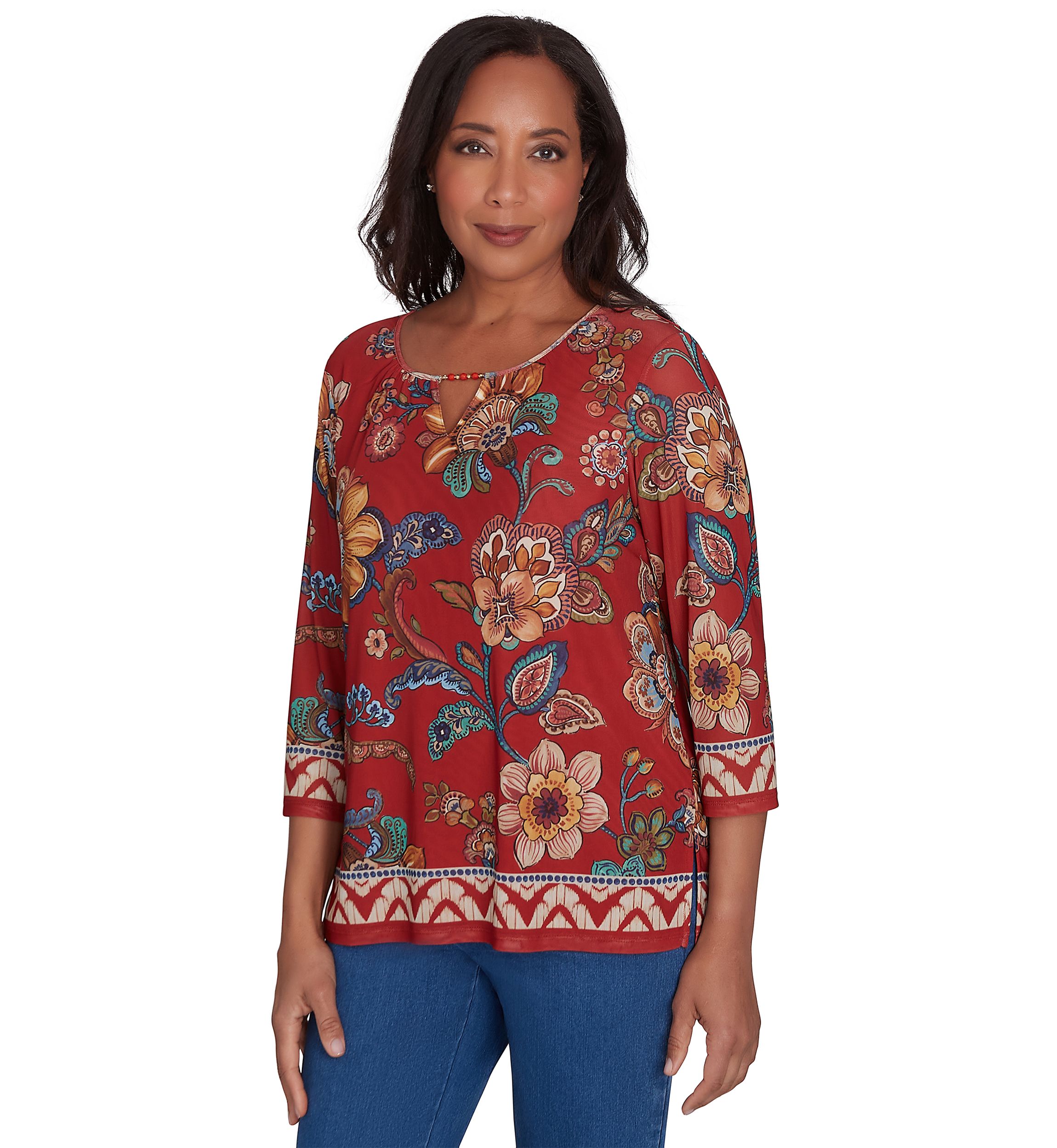 Petite Harvest Moon Floral Border Mesh Top