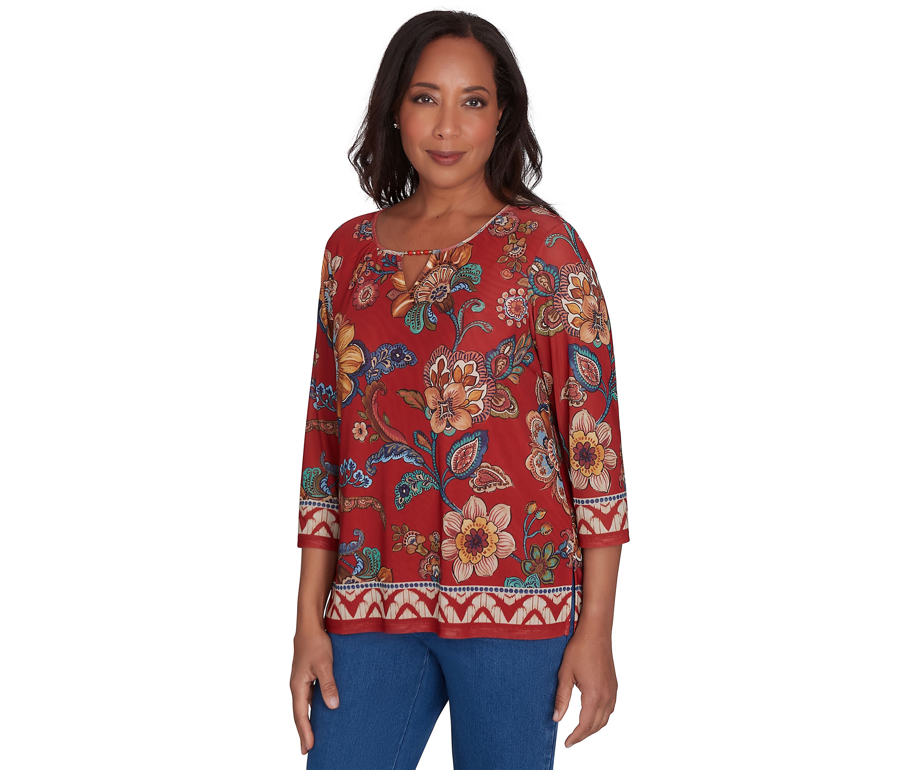 Petite Harvest Moon Floral Border Mesh Top