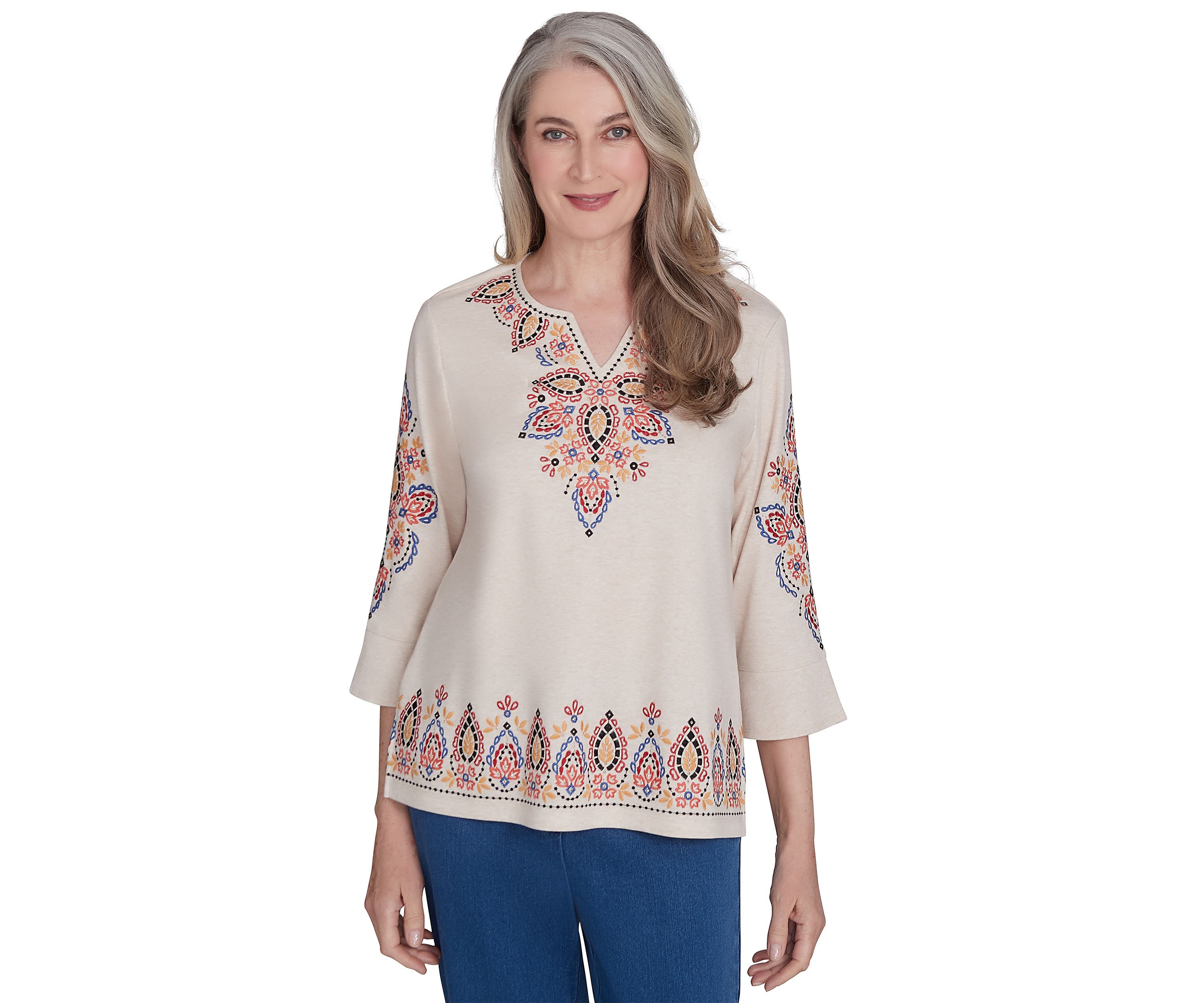 Petite Harvest Moon Medallion Embroidery Flutter Cuff Shirt
