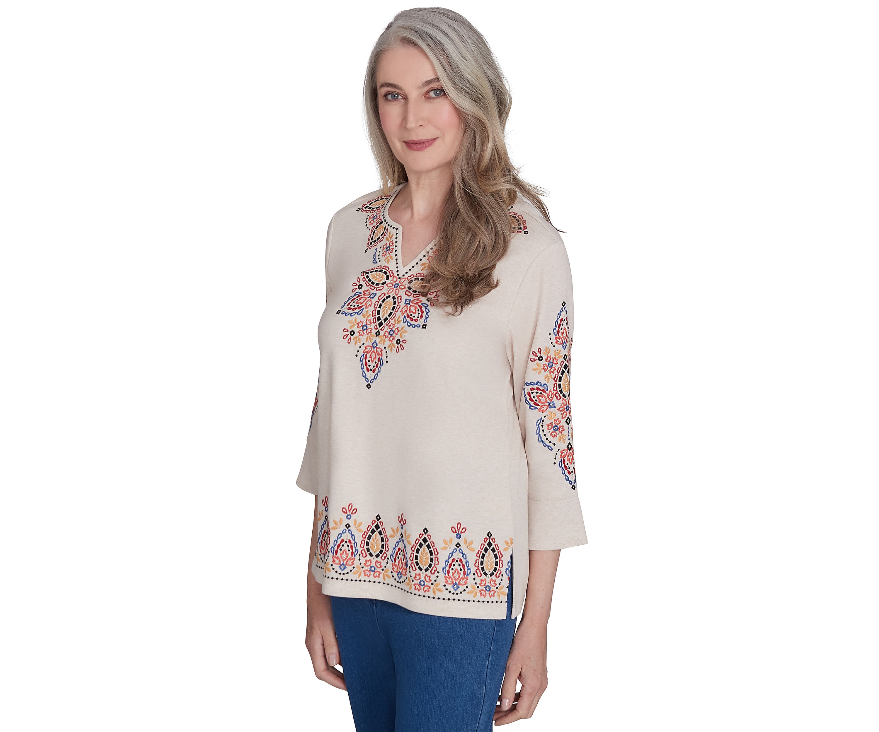 Petite Harvest Moon Medallion Embroidery Flutter Cuff Shirt