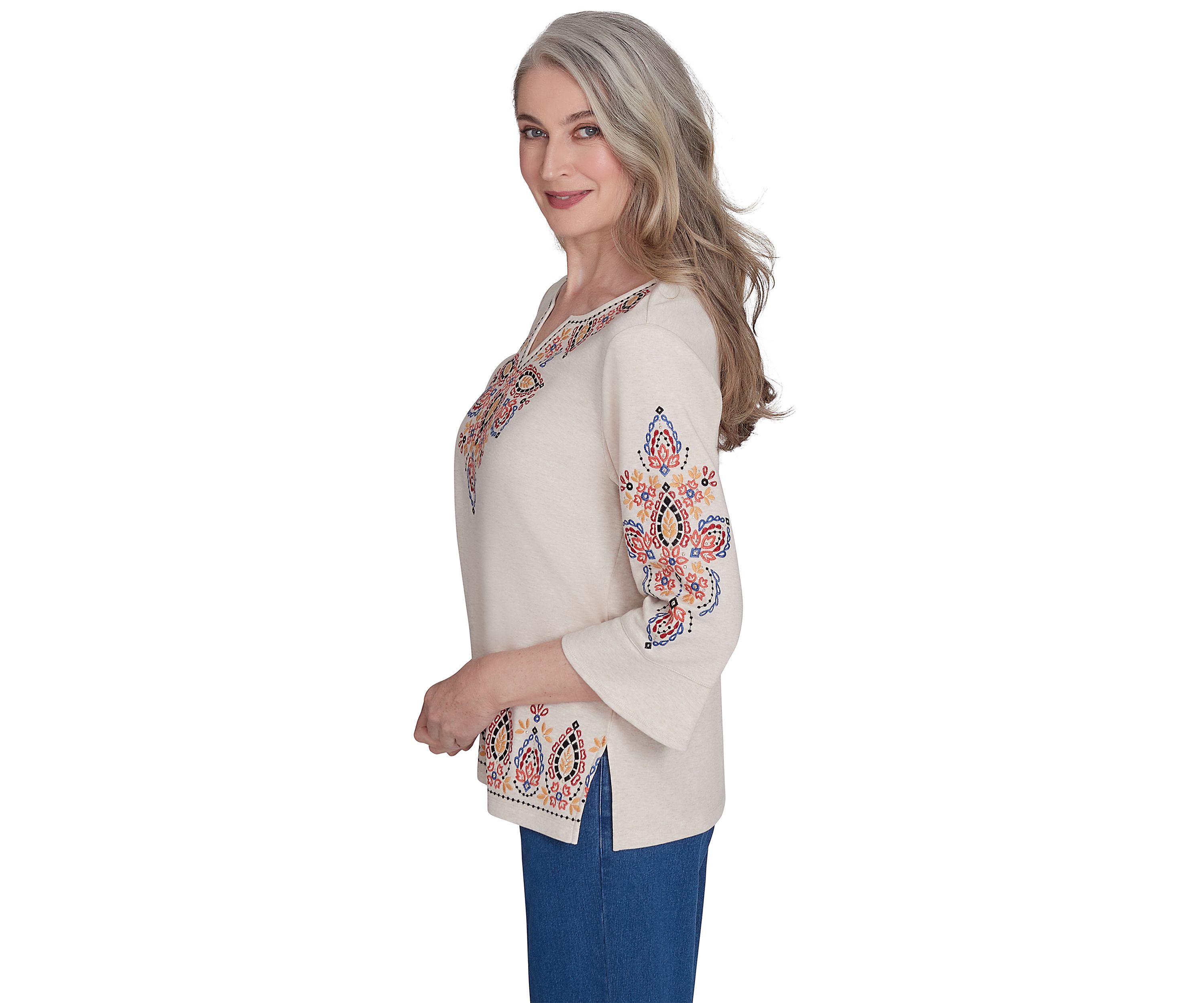 Petite Harvest Moon Medallion Embroidery Flutter Cuff Shirt