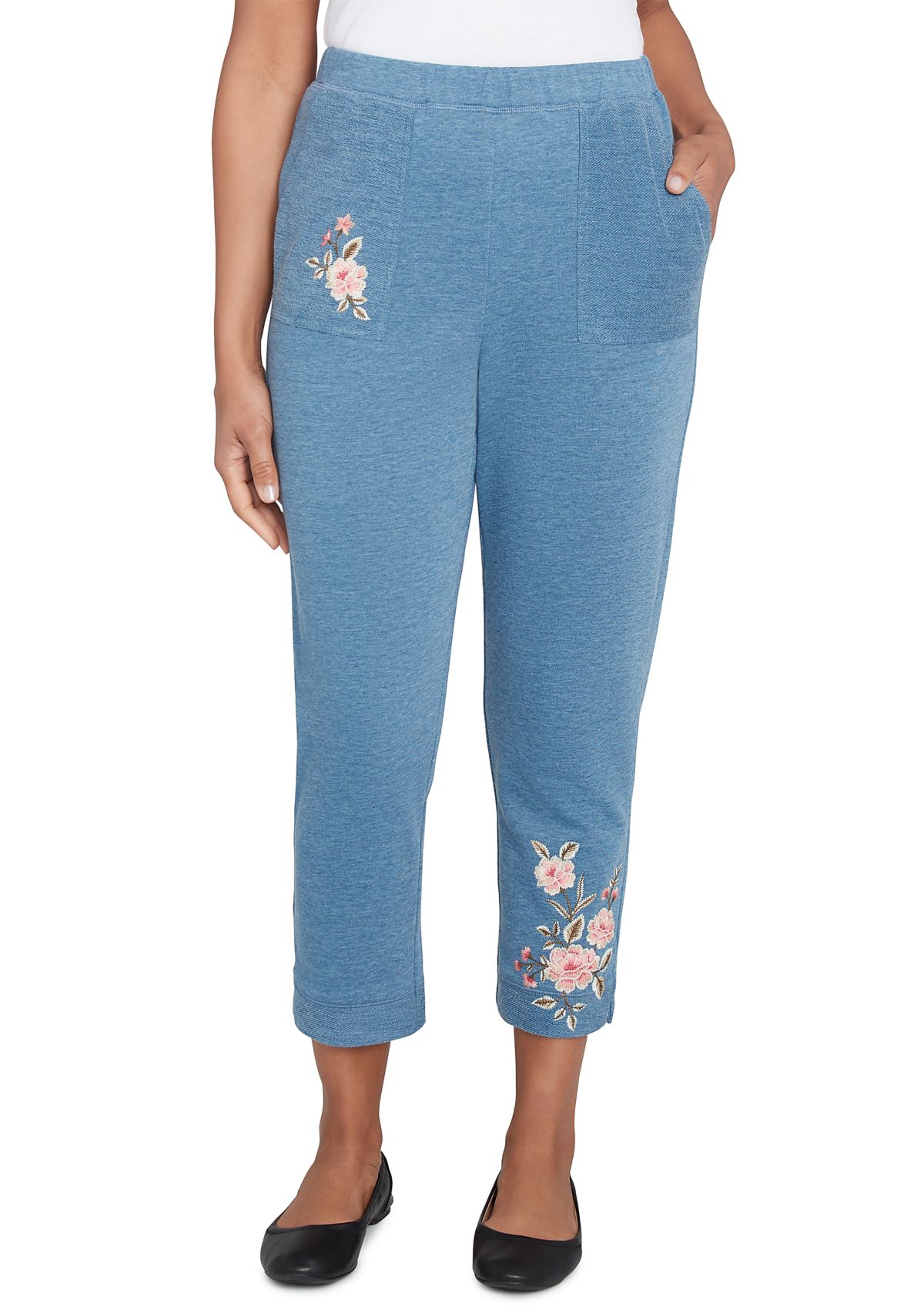Womens Casual Fridays Floral Embroidered Ankle Pants