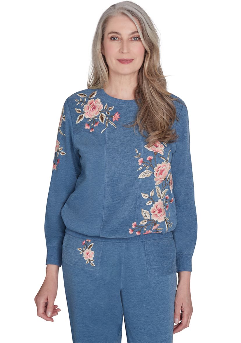 Womens Casual Fridays Spliced Floral Embroidery Top