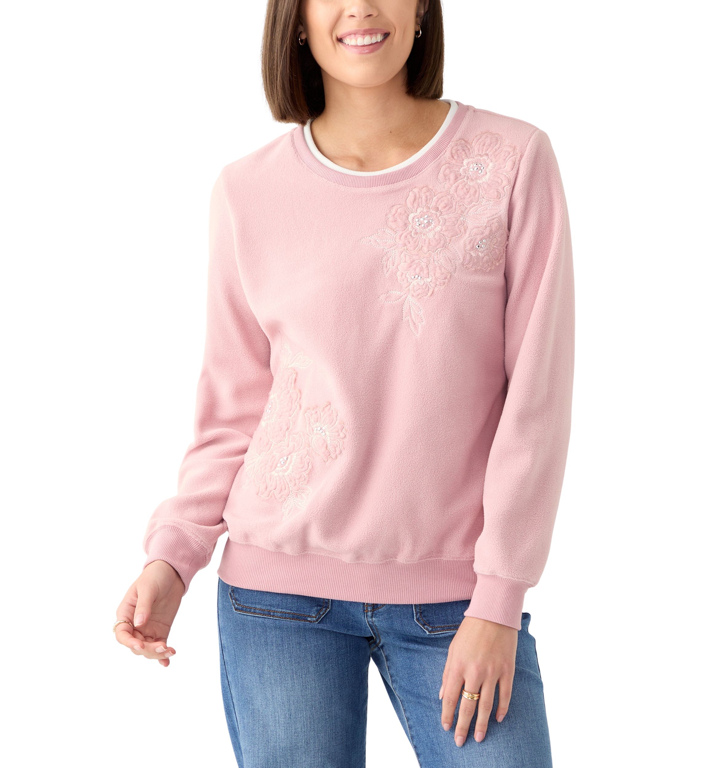 Womens Casual Fridays Sherpa Floral Embroidery Sweater