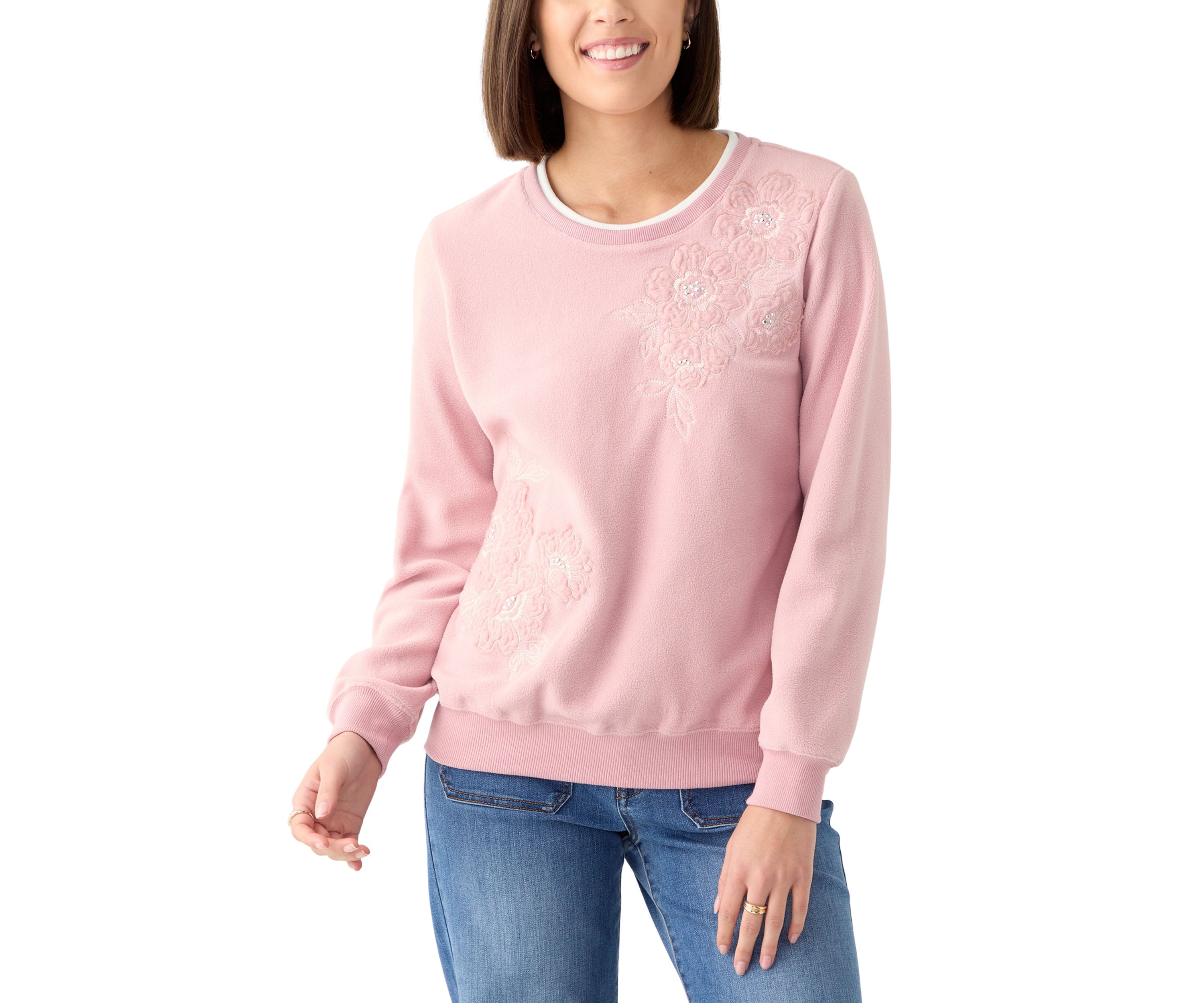 Womens Casual Fridays Sherpa Floral Embroidery Sweater