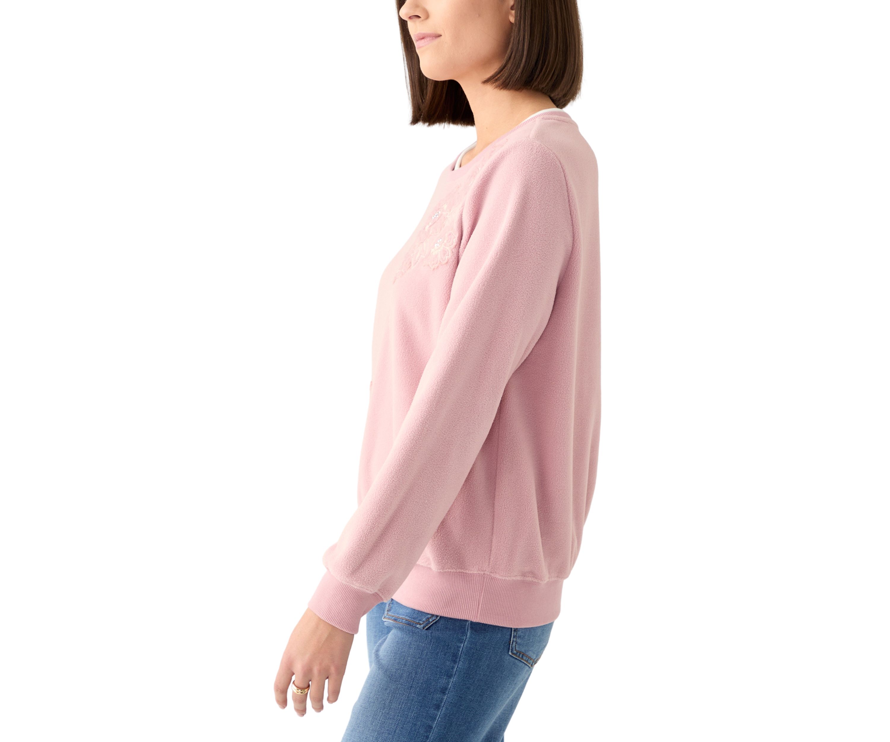 Womens Casual Fridays Sherpa Floral Embroidery Sweater