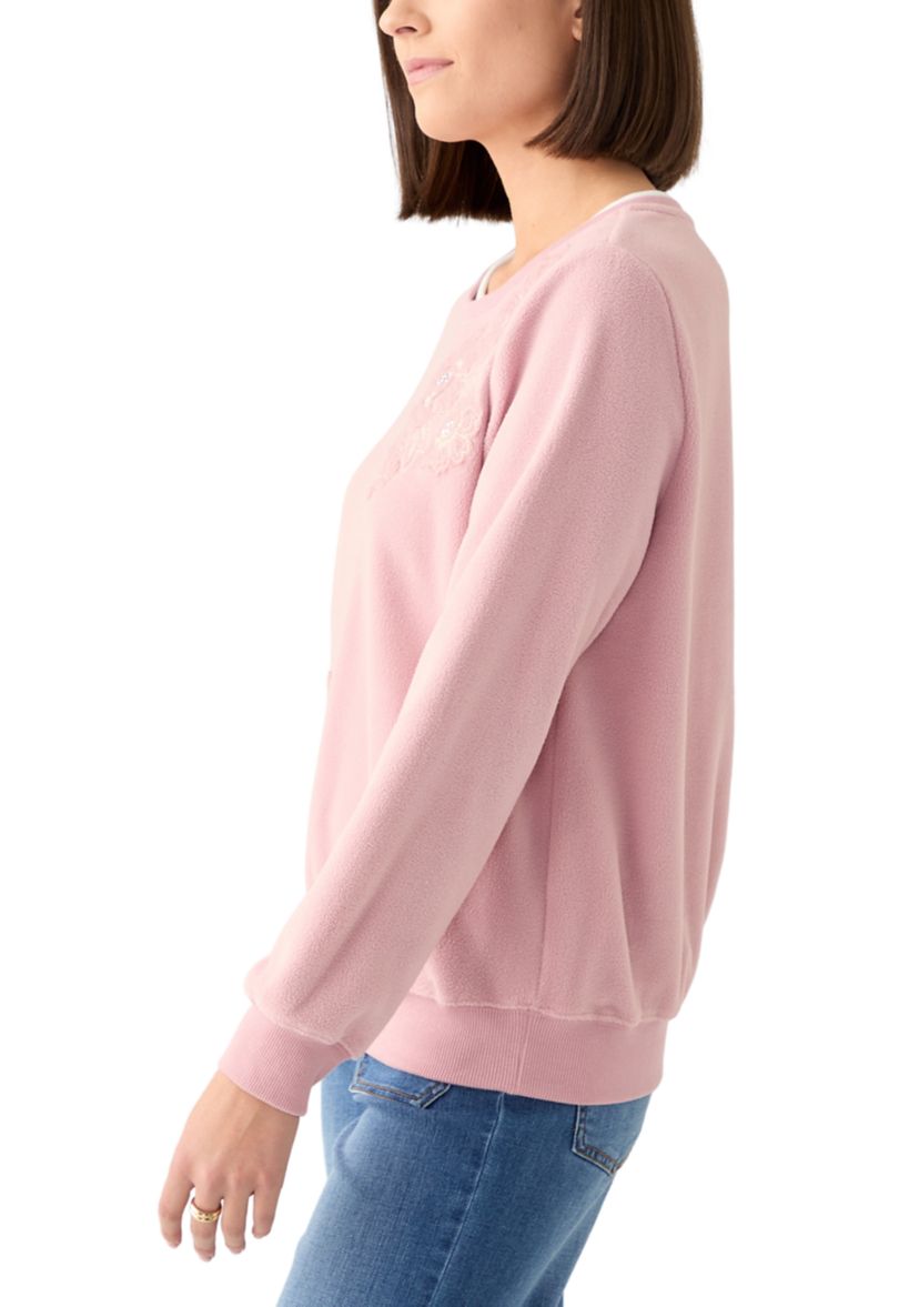 Womens Casual Fridays Sherpa Floral Embroidery Sweater