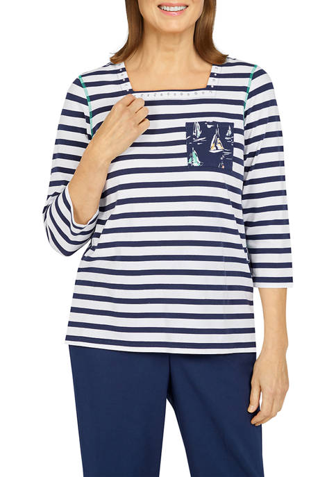 Plus Size 3/4 Sleeve Stripe Sailboat Pocket Top 