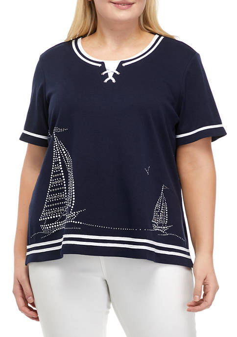Alfred Dunner Plus Size Short Sleeve Sailboat Top
