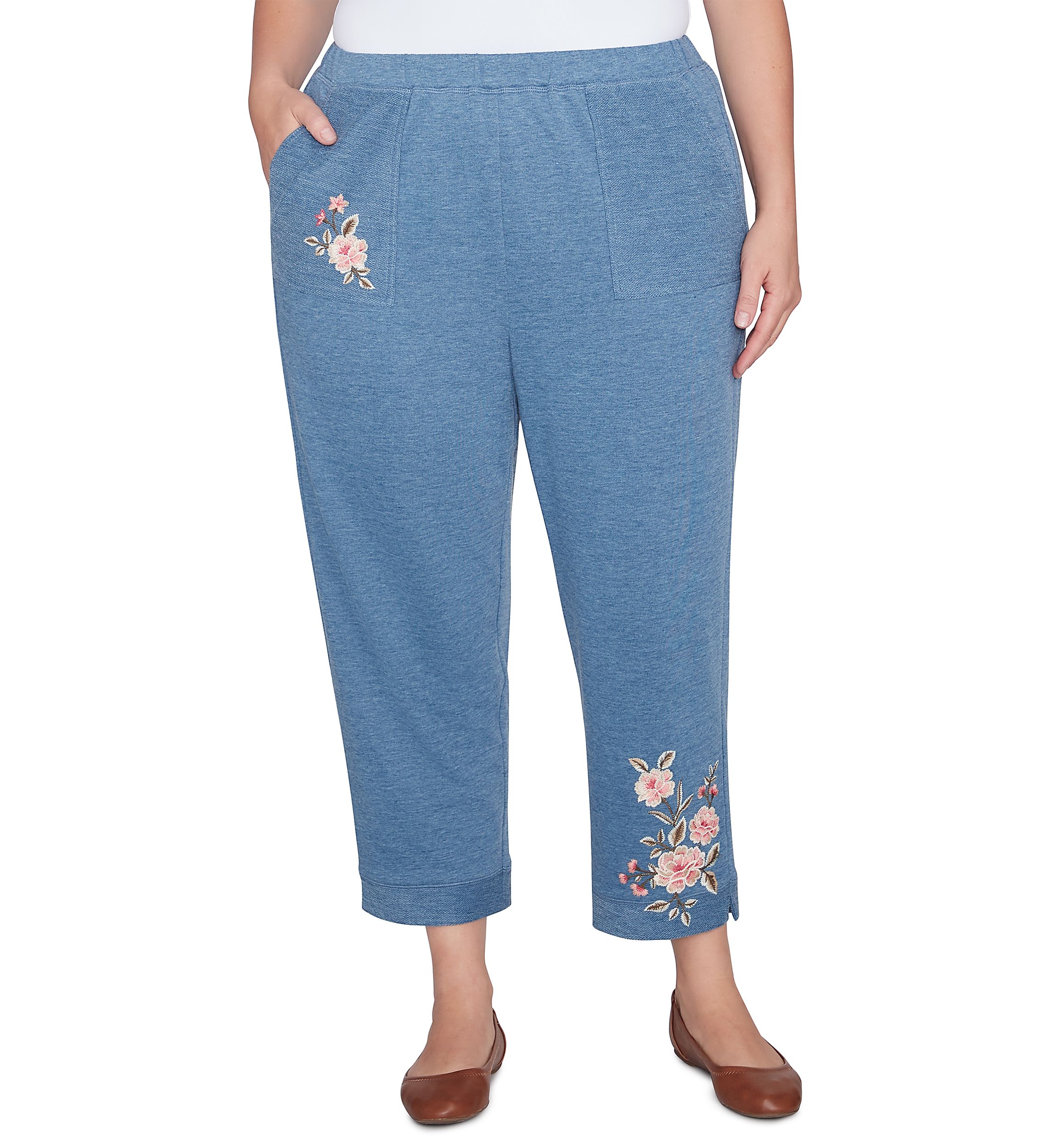 Plus Size Casual Fridays Floral Embroidered Ankle Pants 