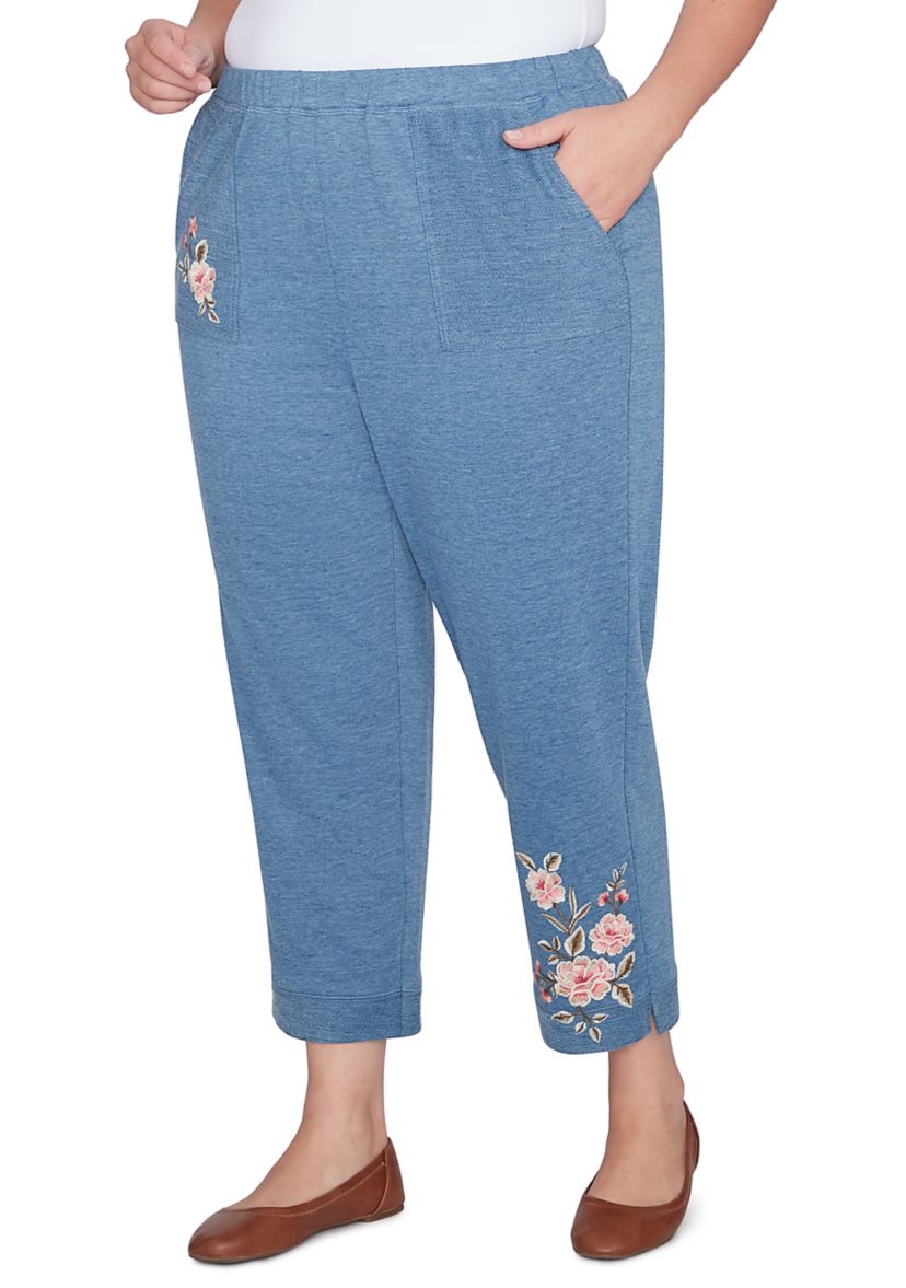 Plus Size Casual Fridays Floral Embroidered Ankle Pants 