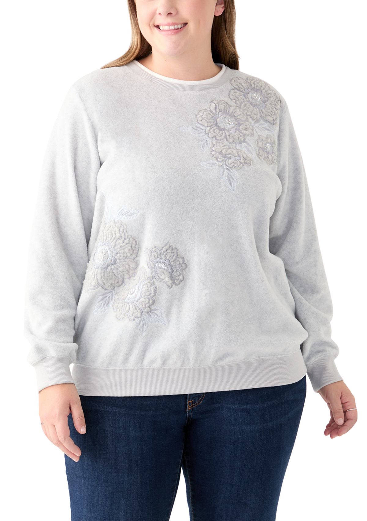 Plus Size Casual Fridays Sherpa Floral Embroidery Sweater