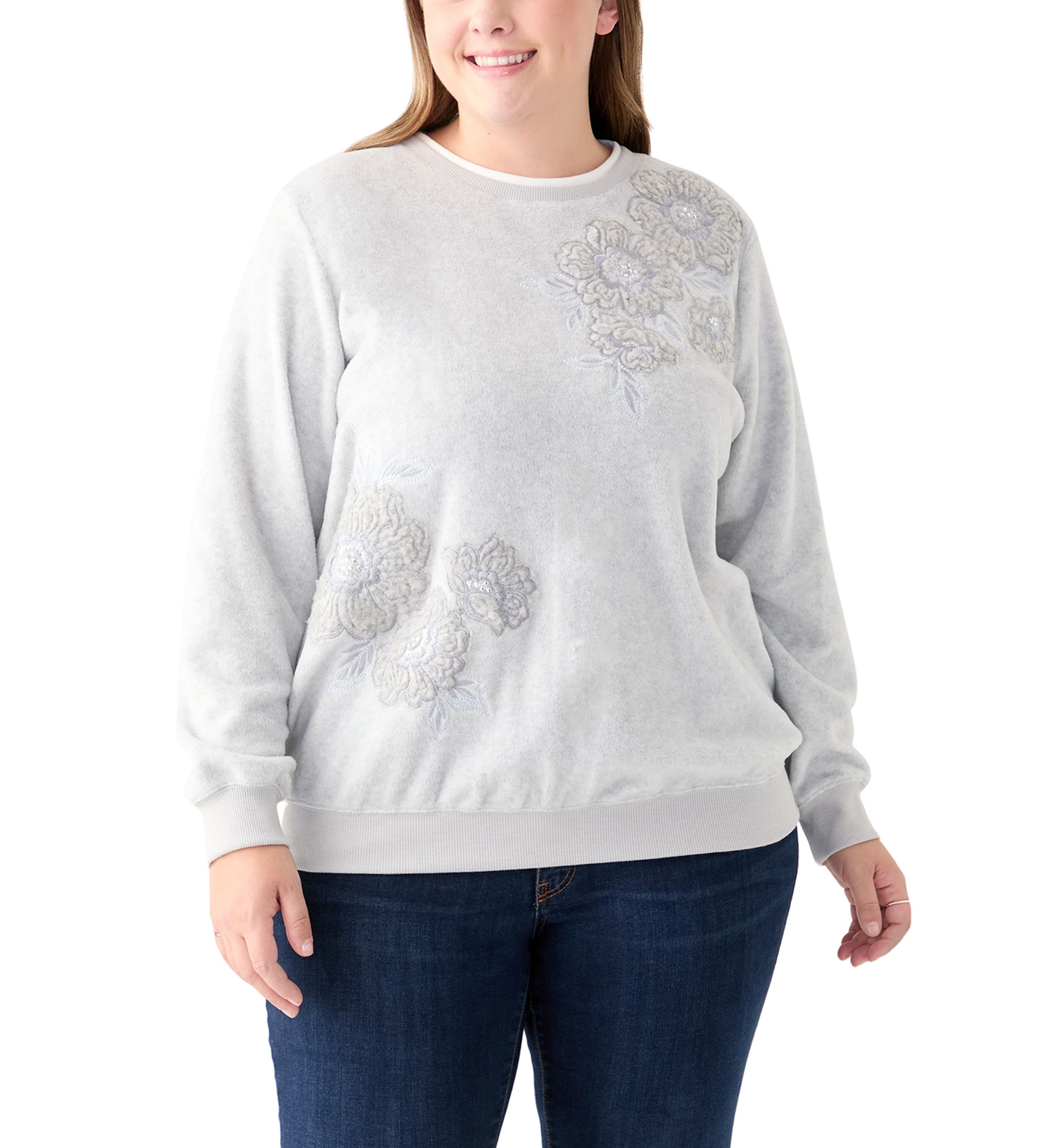 Plus Size Casual Fridays Sherpa Floral Embroidery Sweater