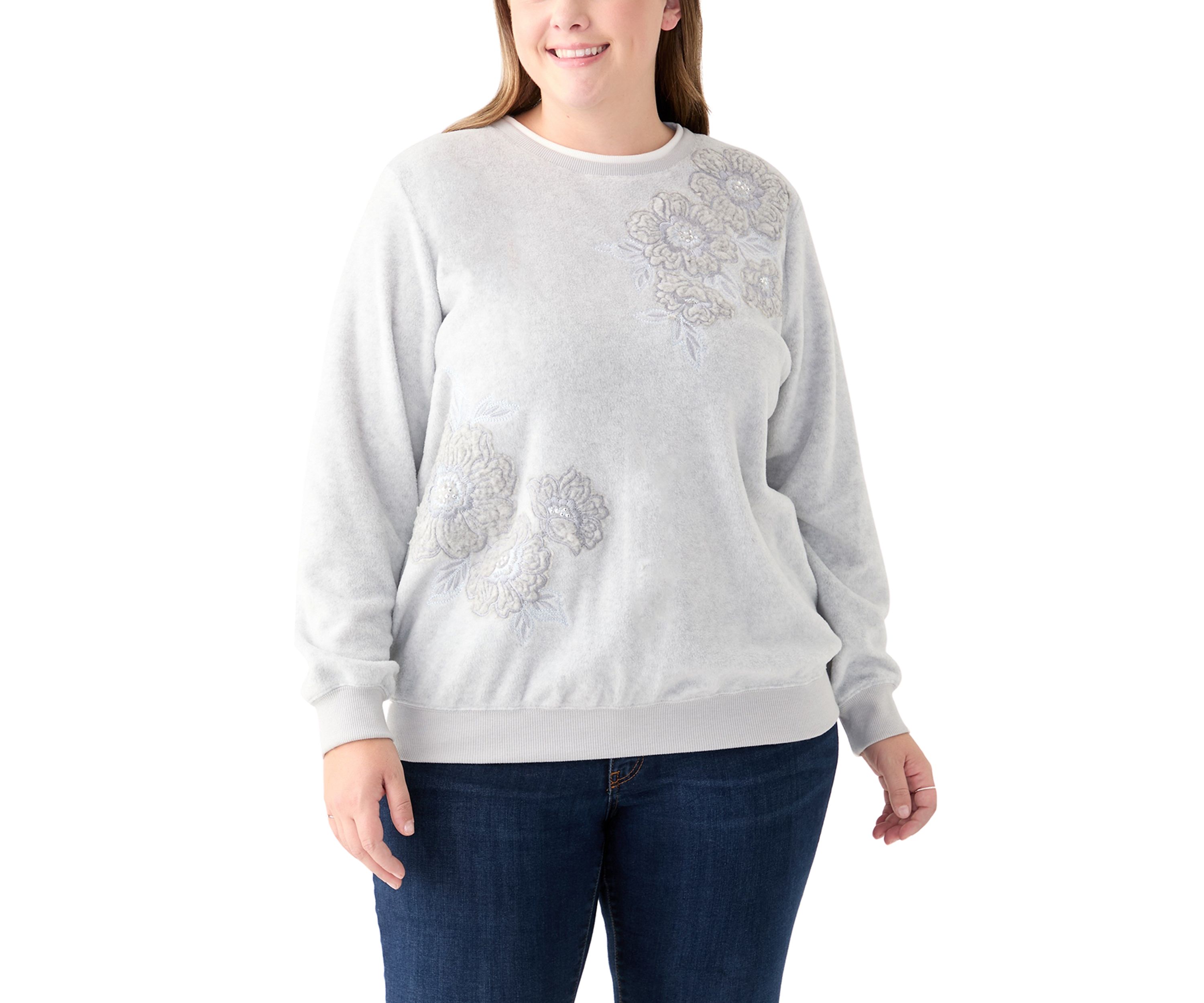 Plus Size Casual Fridays Sherpa Floral Embroidery Sweater