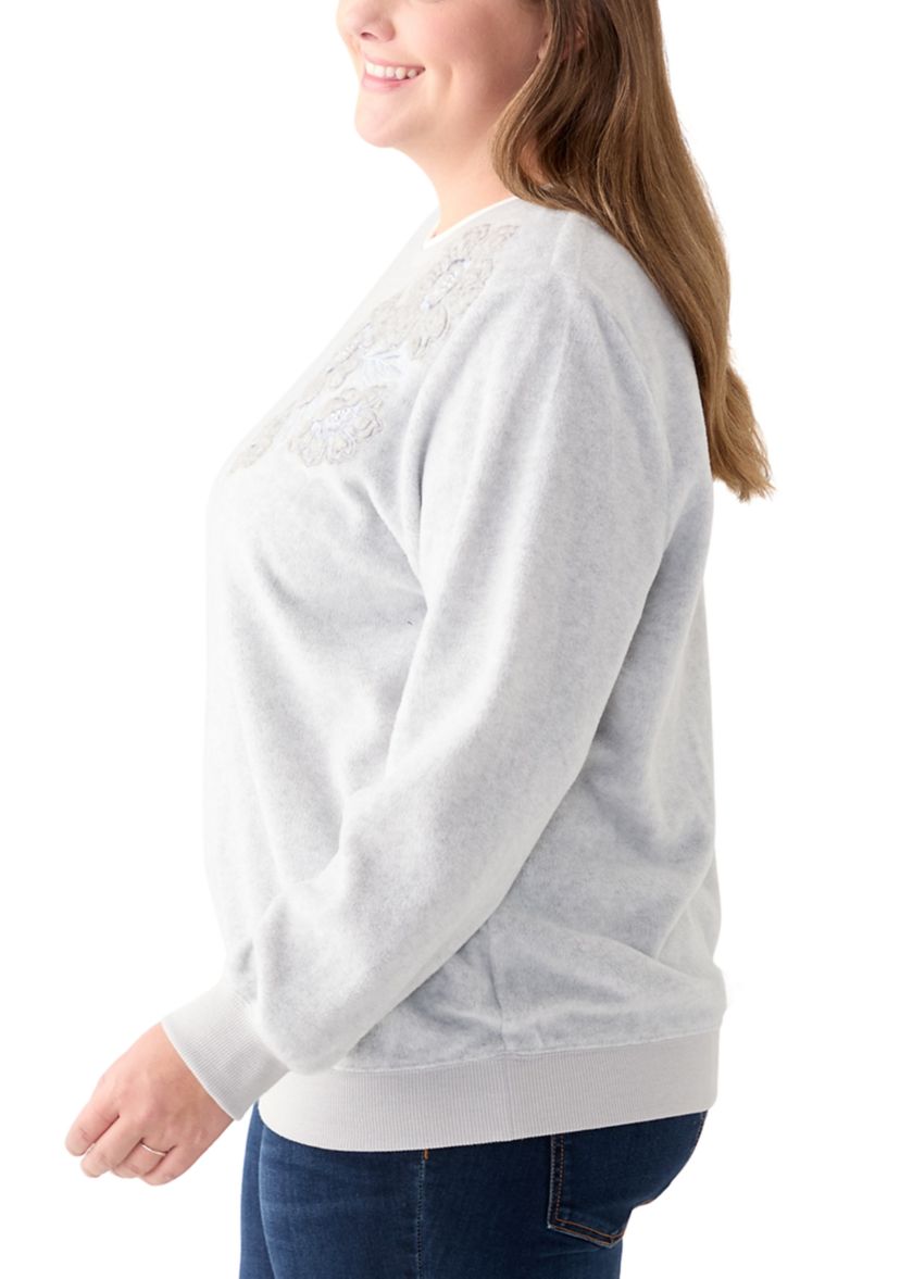 Plus Size Casual Fridays Sherpa Floral Embroidery Sweater
