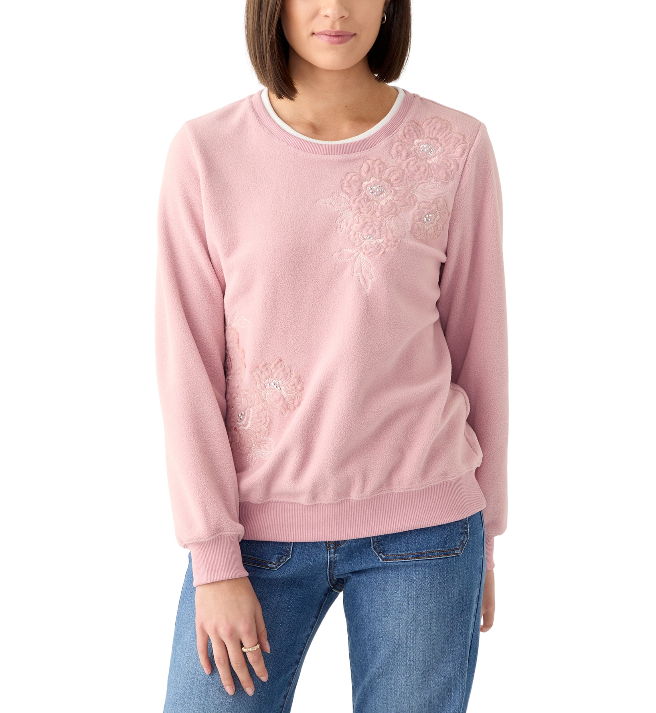 Petite Casual Fridays Sherpa Floral Embroidery Sweater