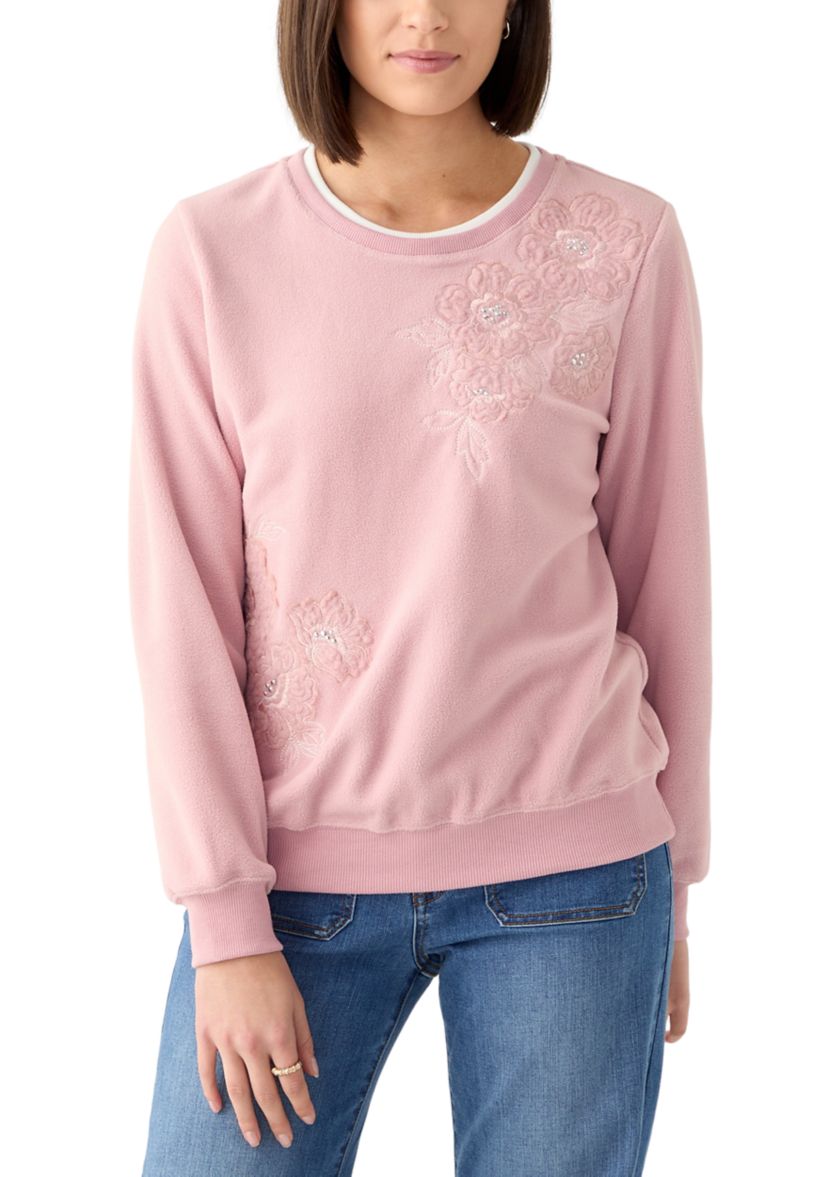Petite Casual Fridays Sherpa Floral Embroidery Sweater