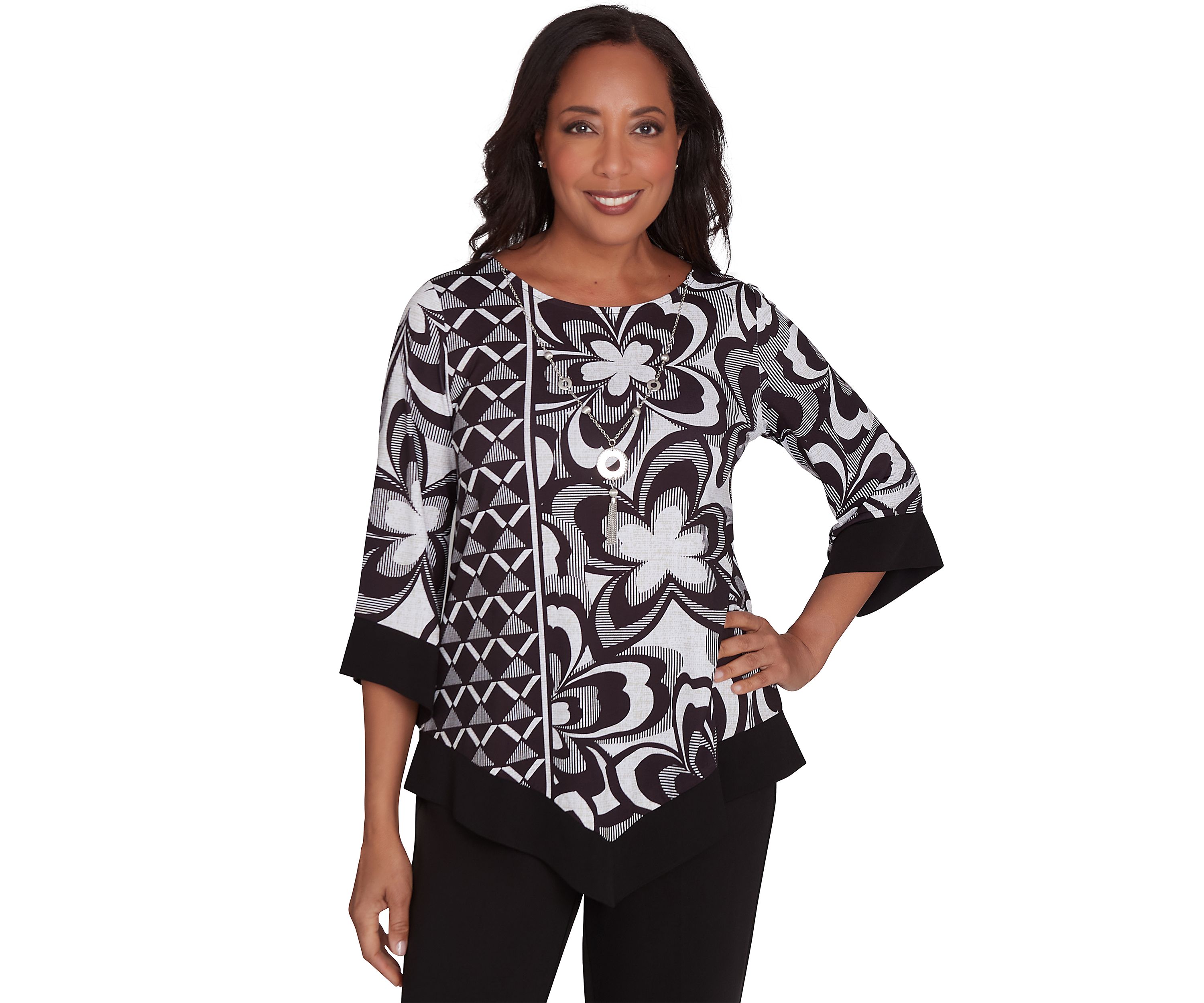 Womens Runway Ready Floral Geometric Top with Contrast Trim