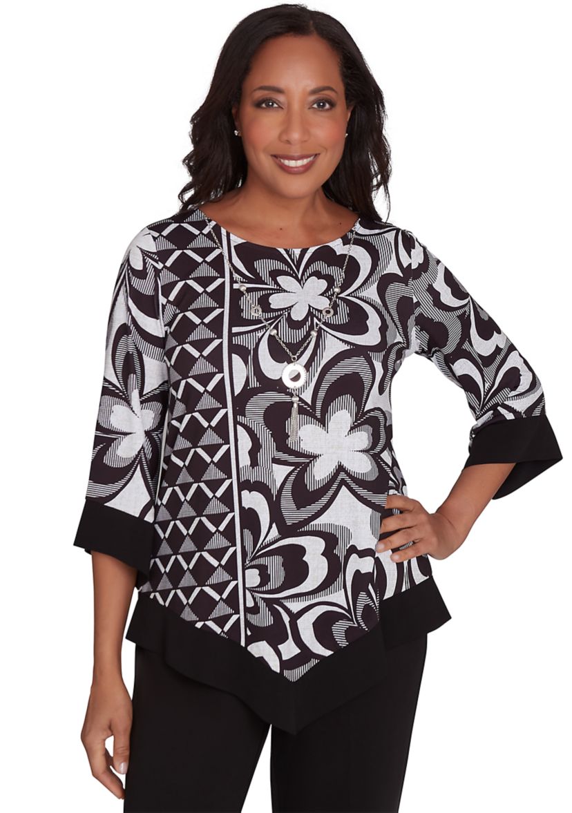 Womens Runway Ready Floral Geometric Top with Contrast Trim