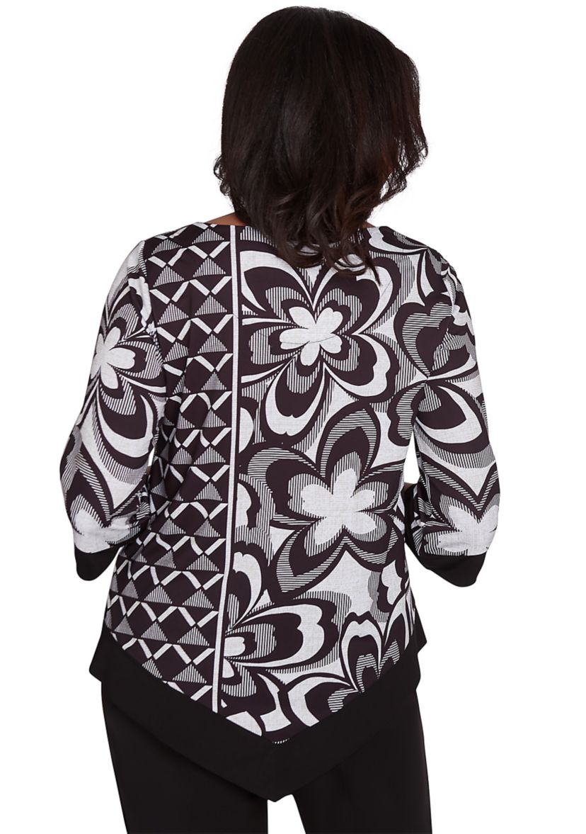 Womens Runway Ready Floral Geometric Top with Contrast Trim