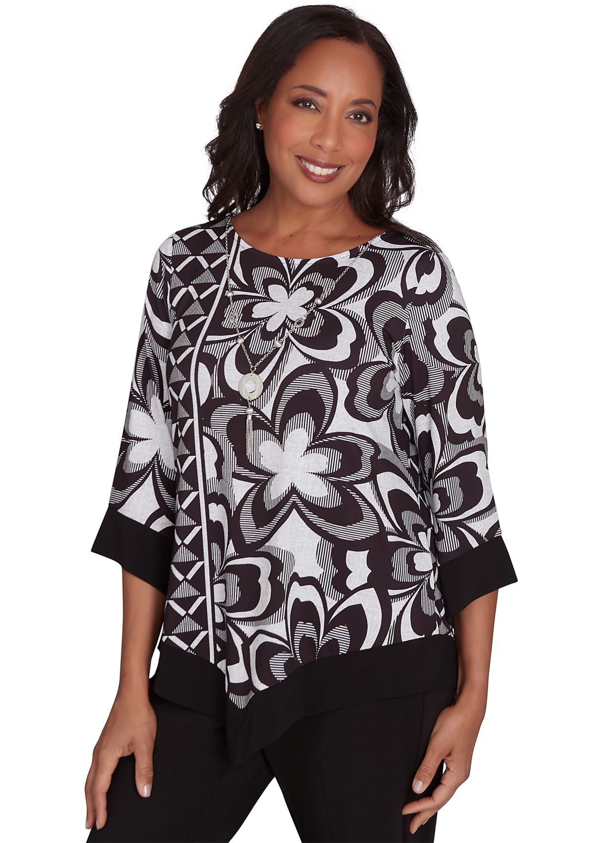Womens Runway Ready Floral Geometric Top with Contrast Trim
