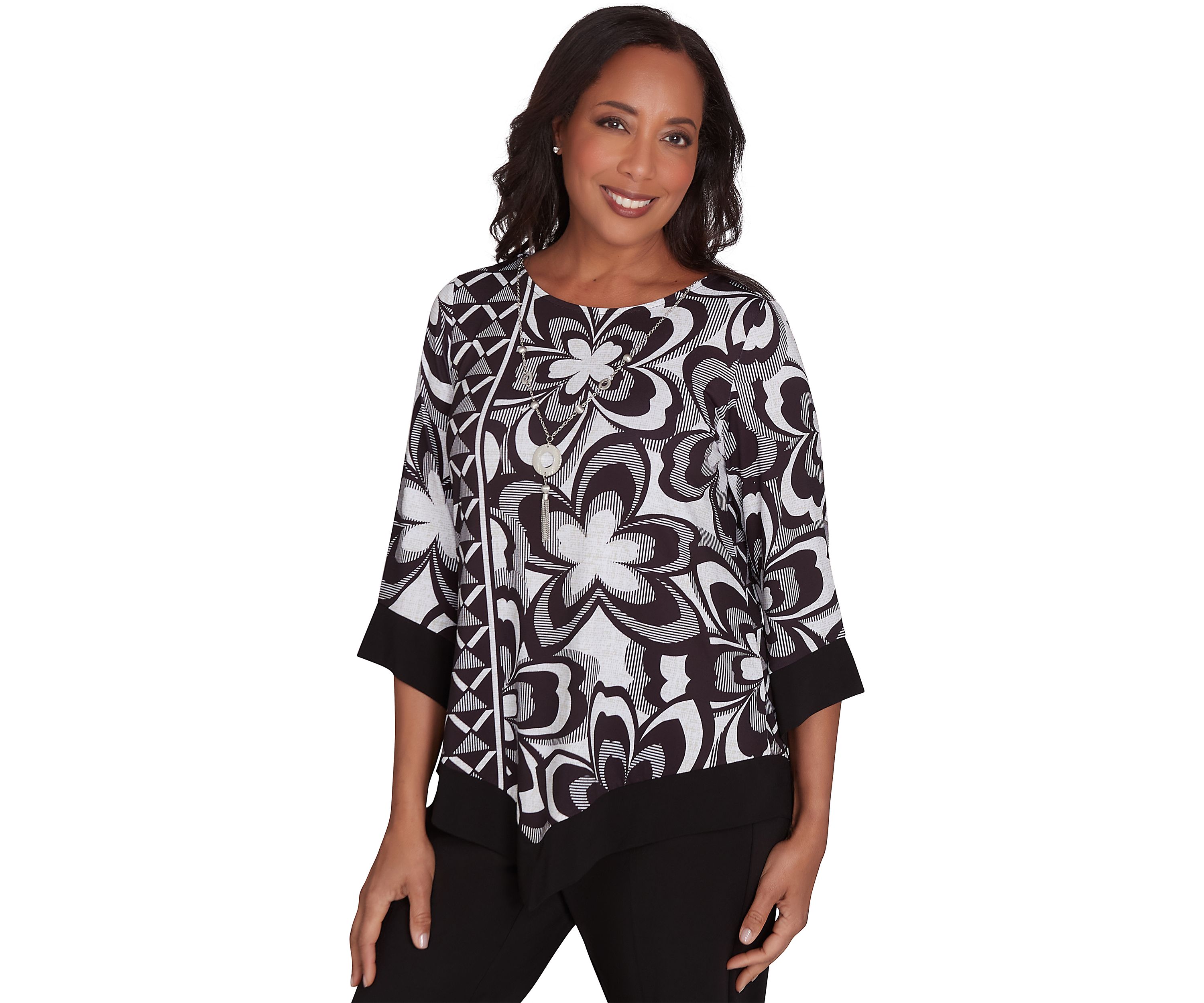 Womens Runway Ready Floral Geometric Top with Contrast Trim