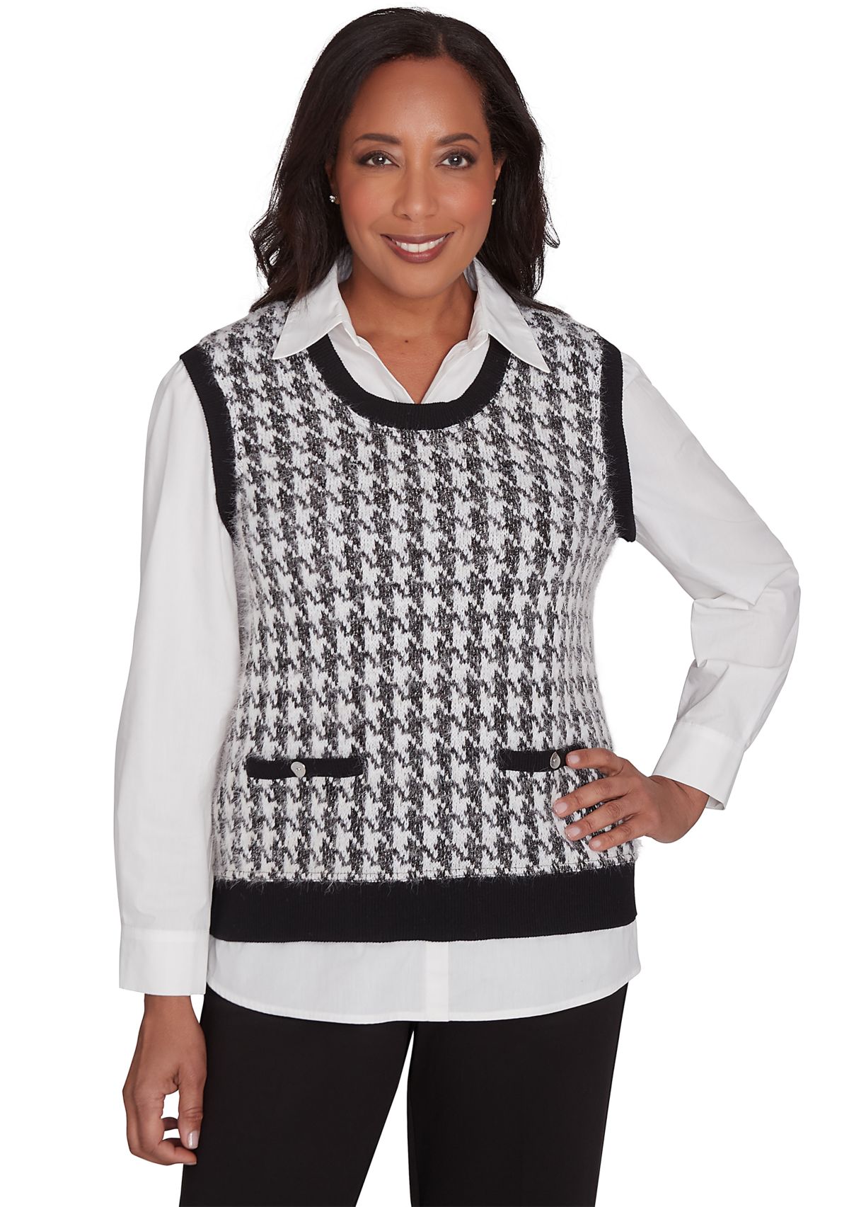 Womens Runway Ready Houndstooth Vest with Woven Detail