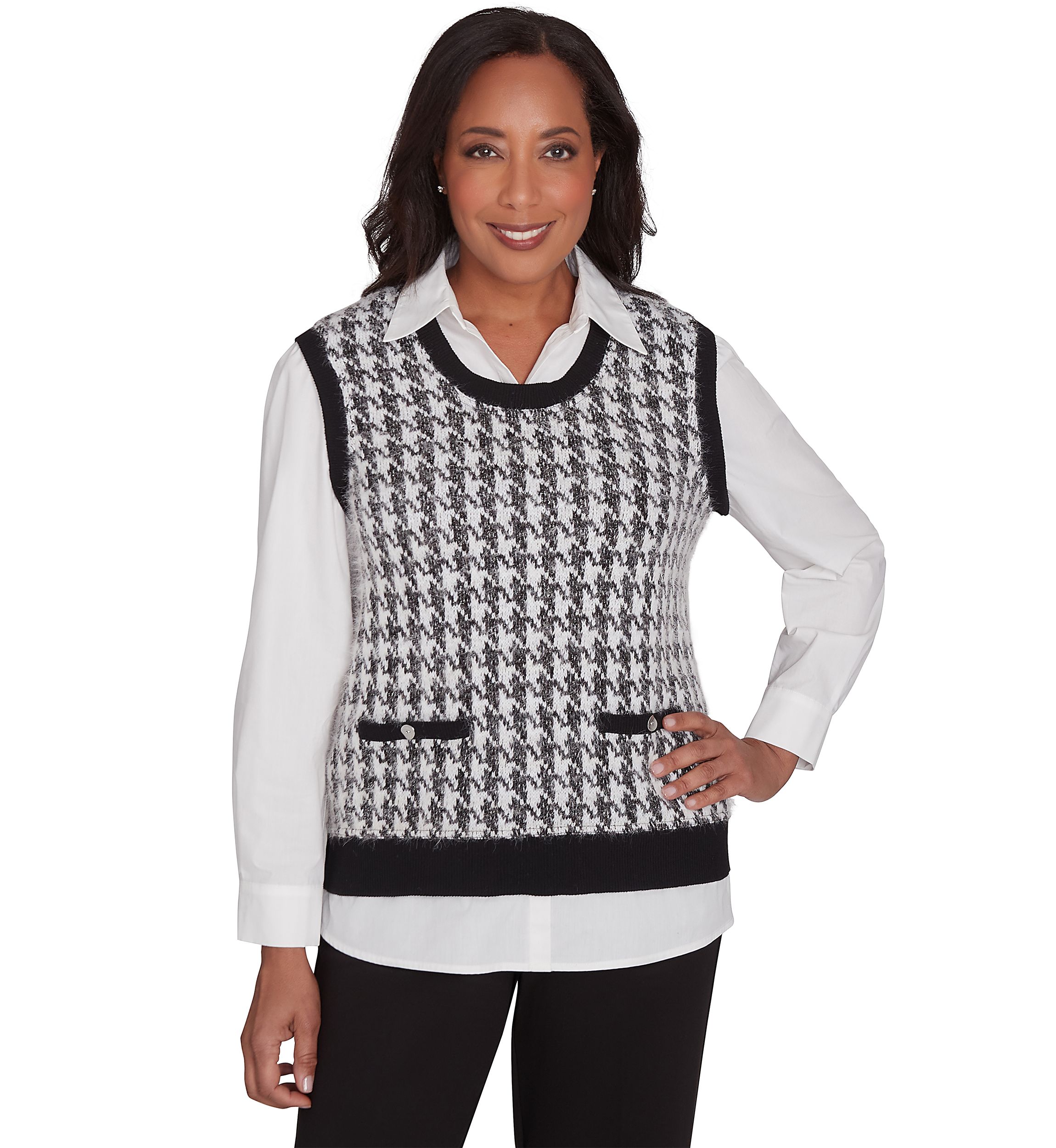 Womens Runway Ready Houndstooth Vest with Woven Detail