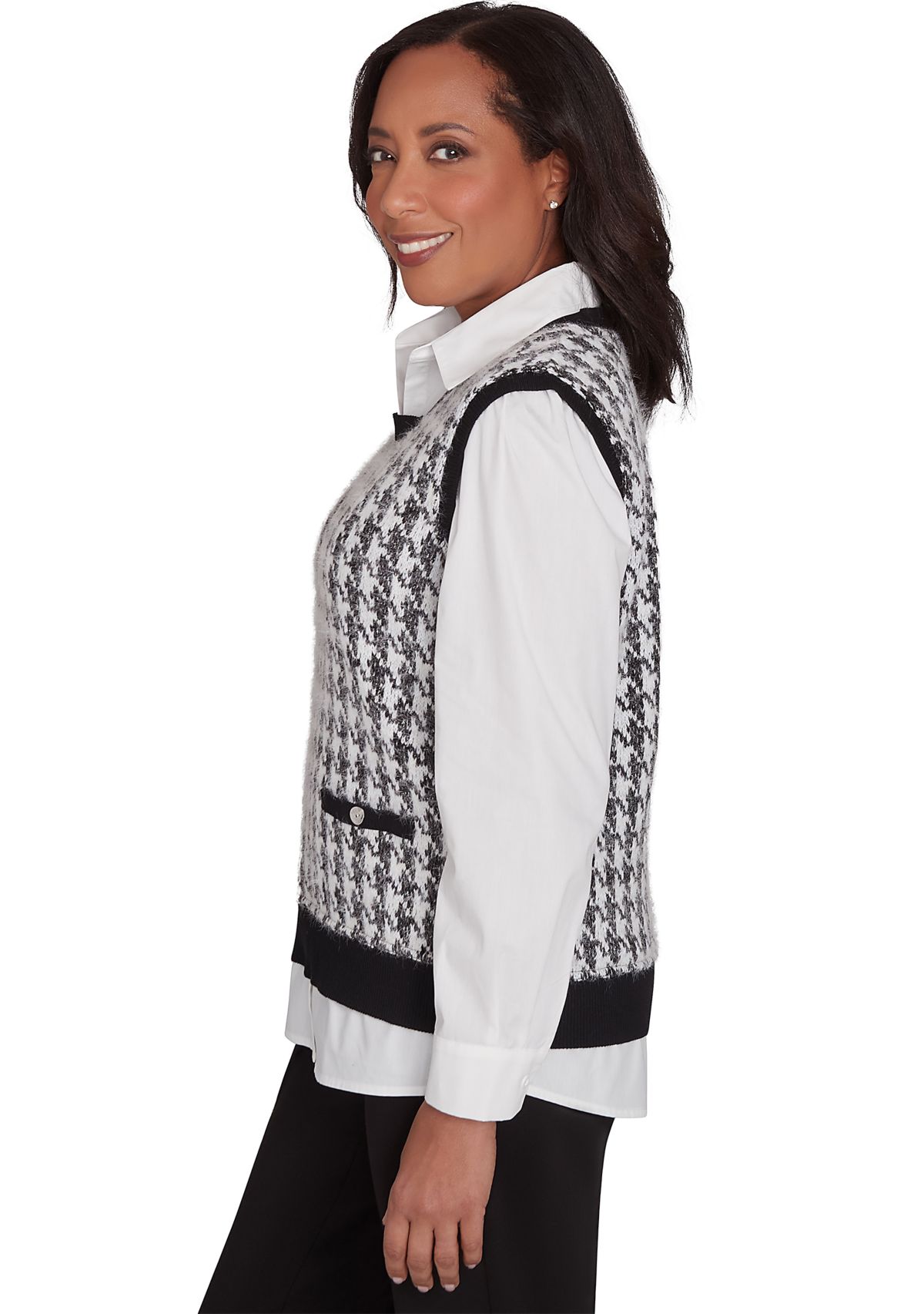 Womens Runway Ready Houndstooth Vest with Woven Detail