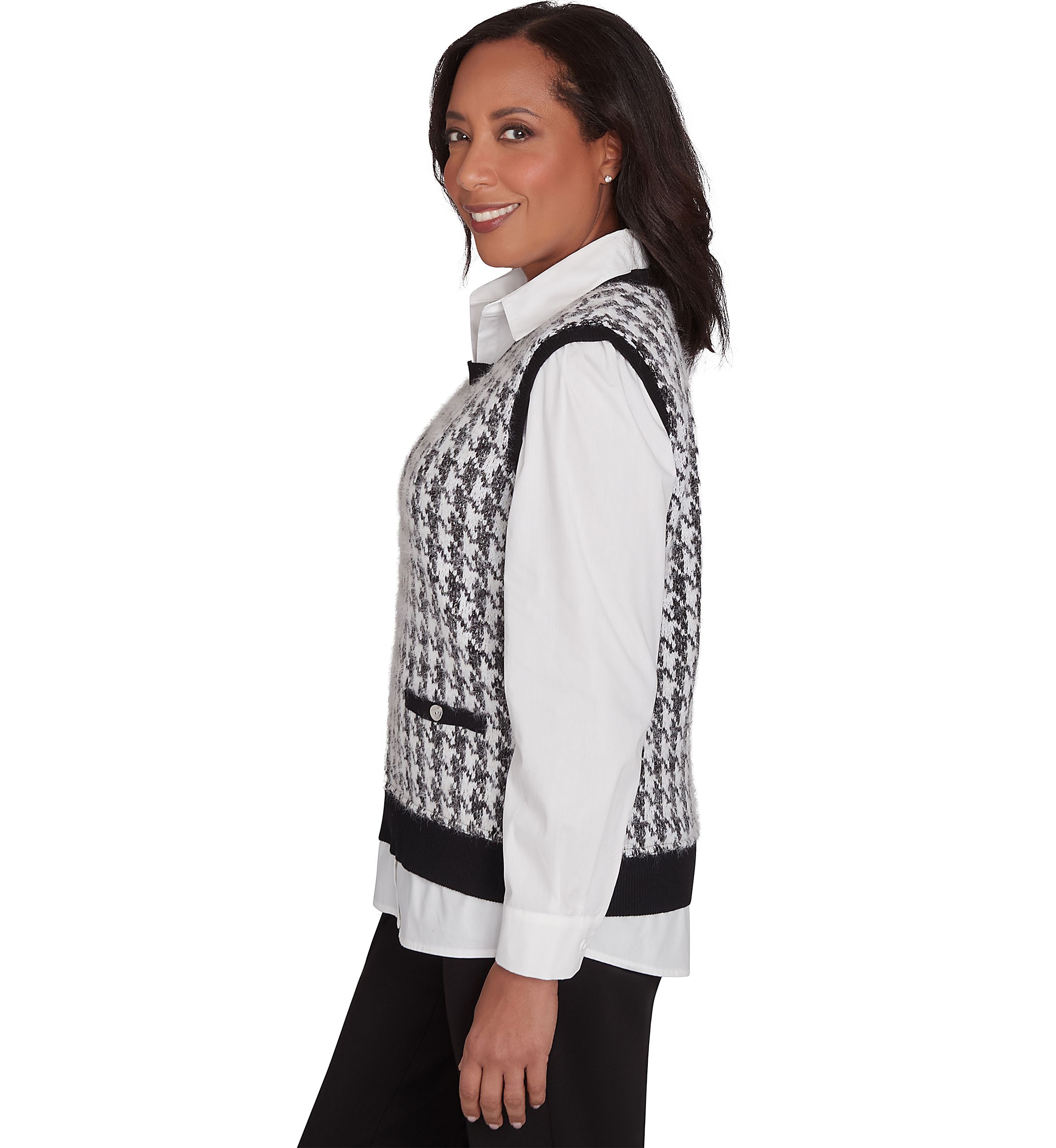 Womens Runway Ready Houndstooth Vest with Woven Detail