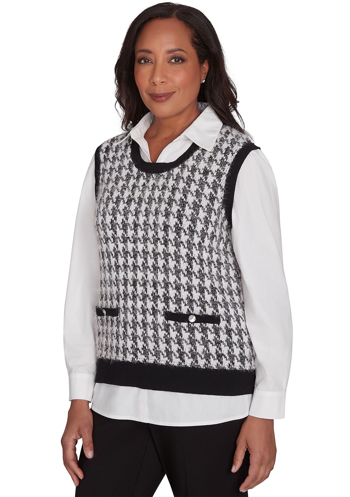 Womens Runway Ready Houndstooth Vest with Woven Detail