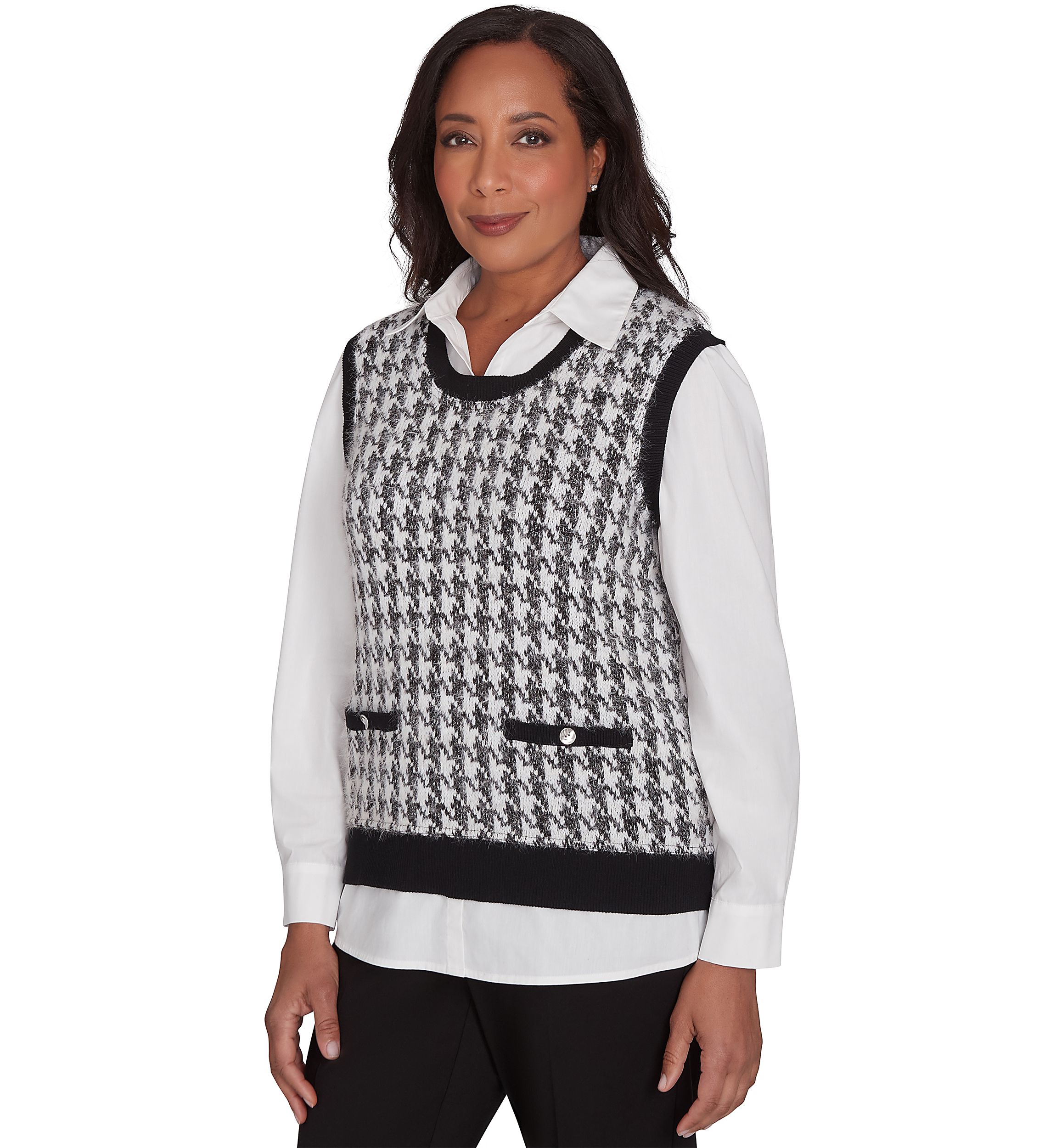 Womens Runway Ready Houndstooth Vest with Woven Detail