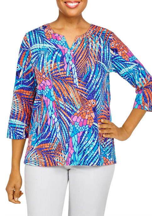 Alfred Dunner Womens Calypso Mosaic Parrot Print Top