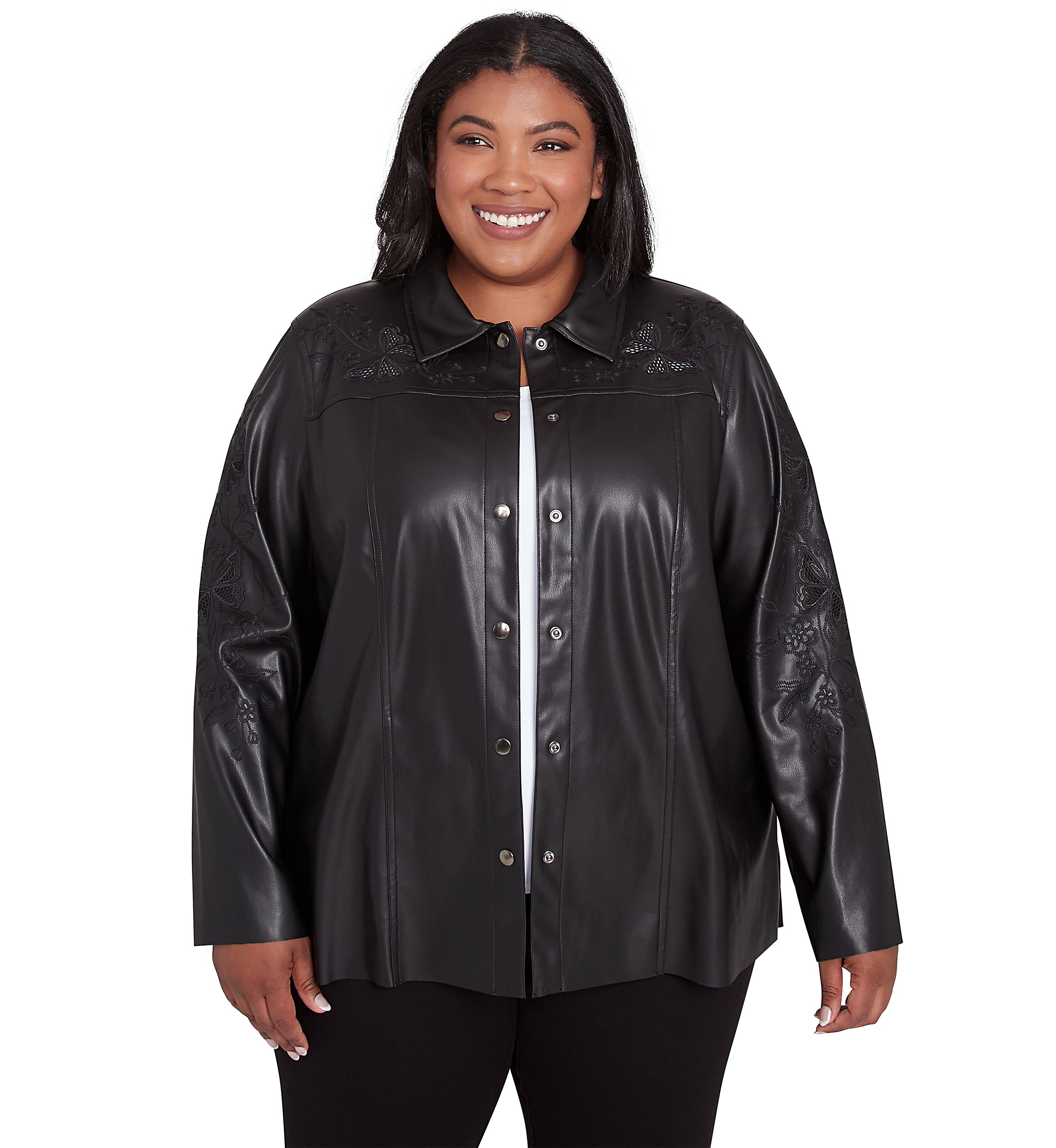 Plus Size Runway Ready Embroidered Faux Leather Jacket