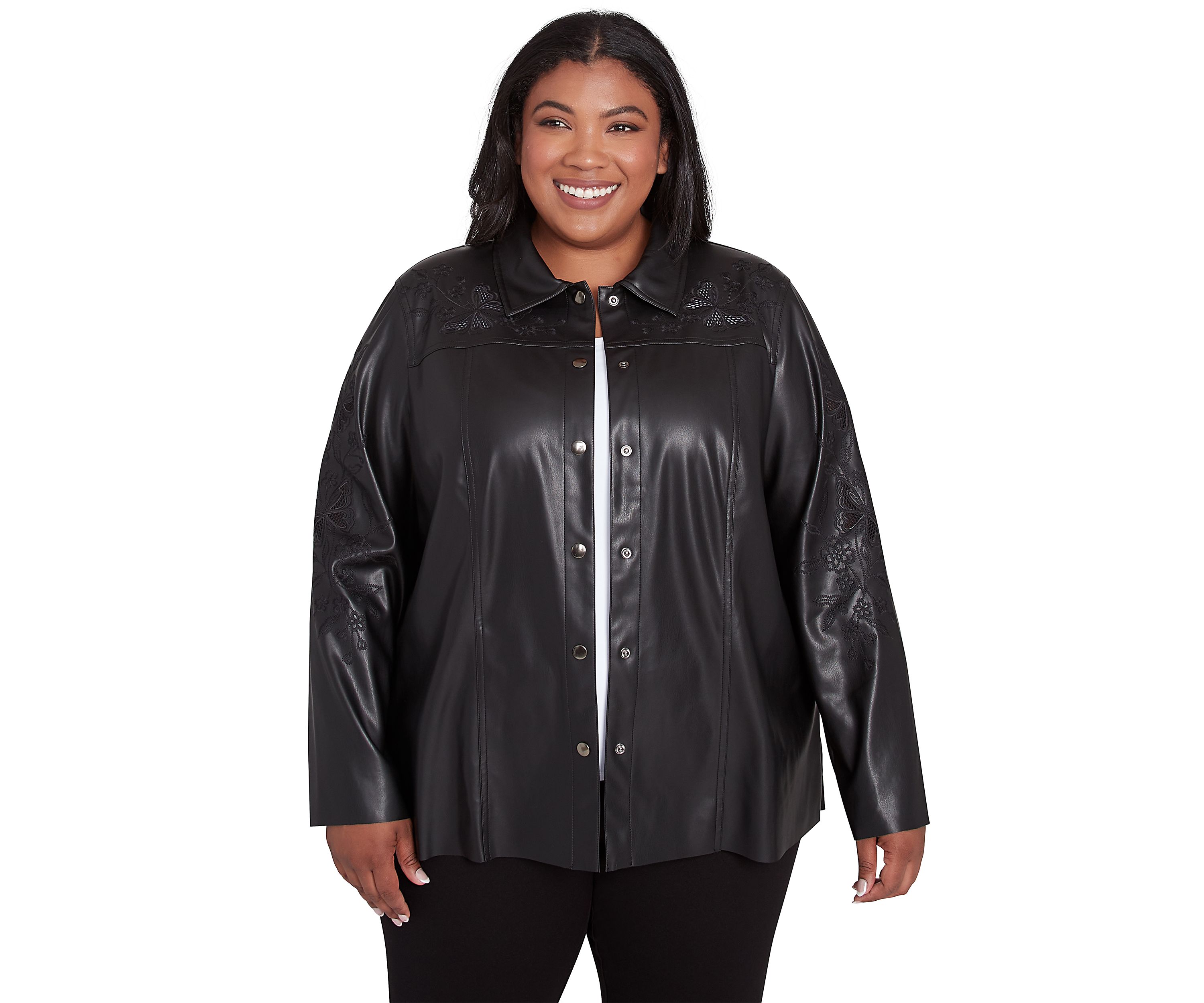Plus Size Runway Ready Embroidered Faux Leather Jacket