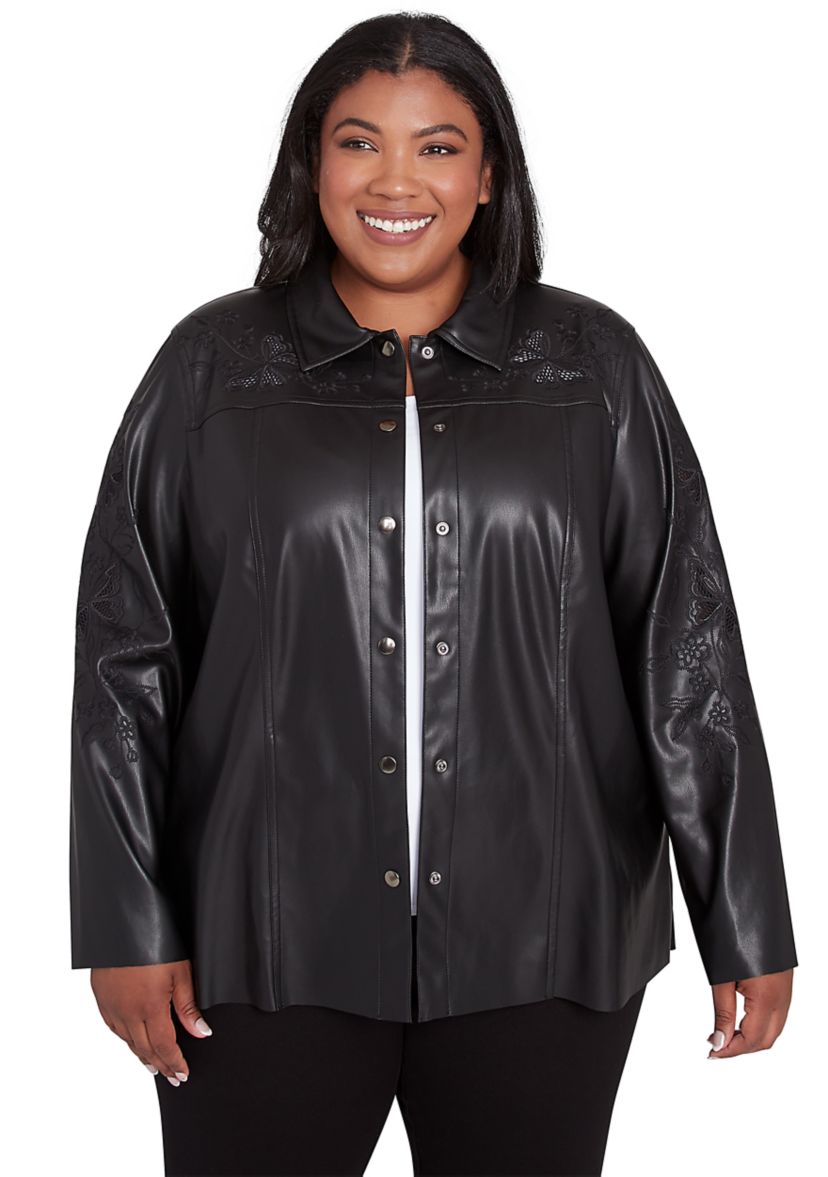Plus Size Runway Ready Embroidered Faux Leather Jacket