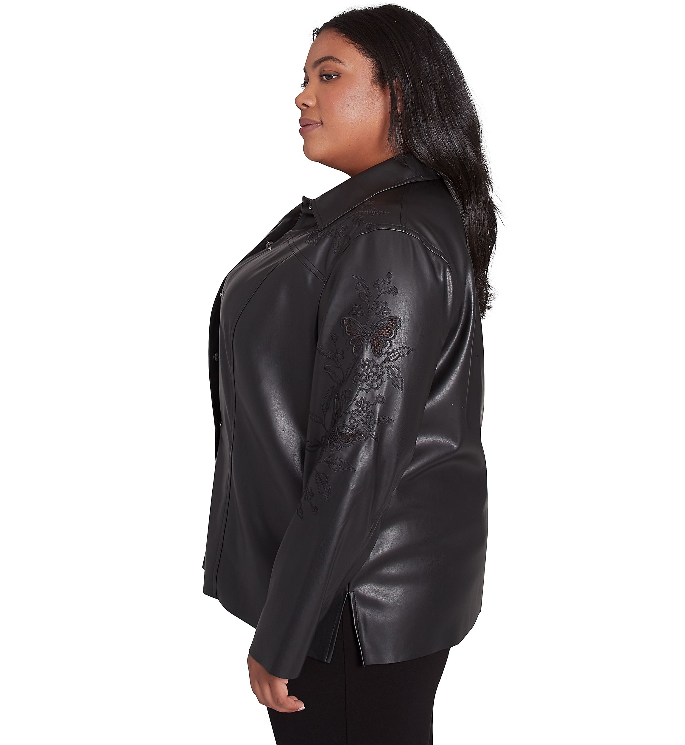 Plus Size Runway Ready Embroidered Faux Leather Jacket