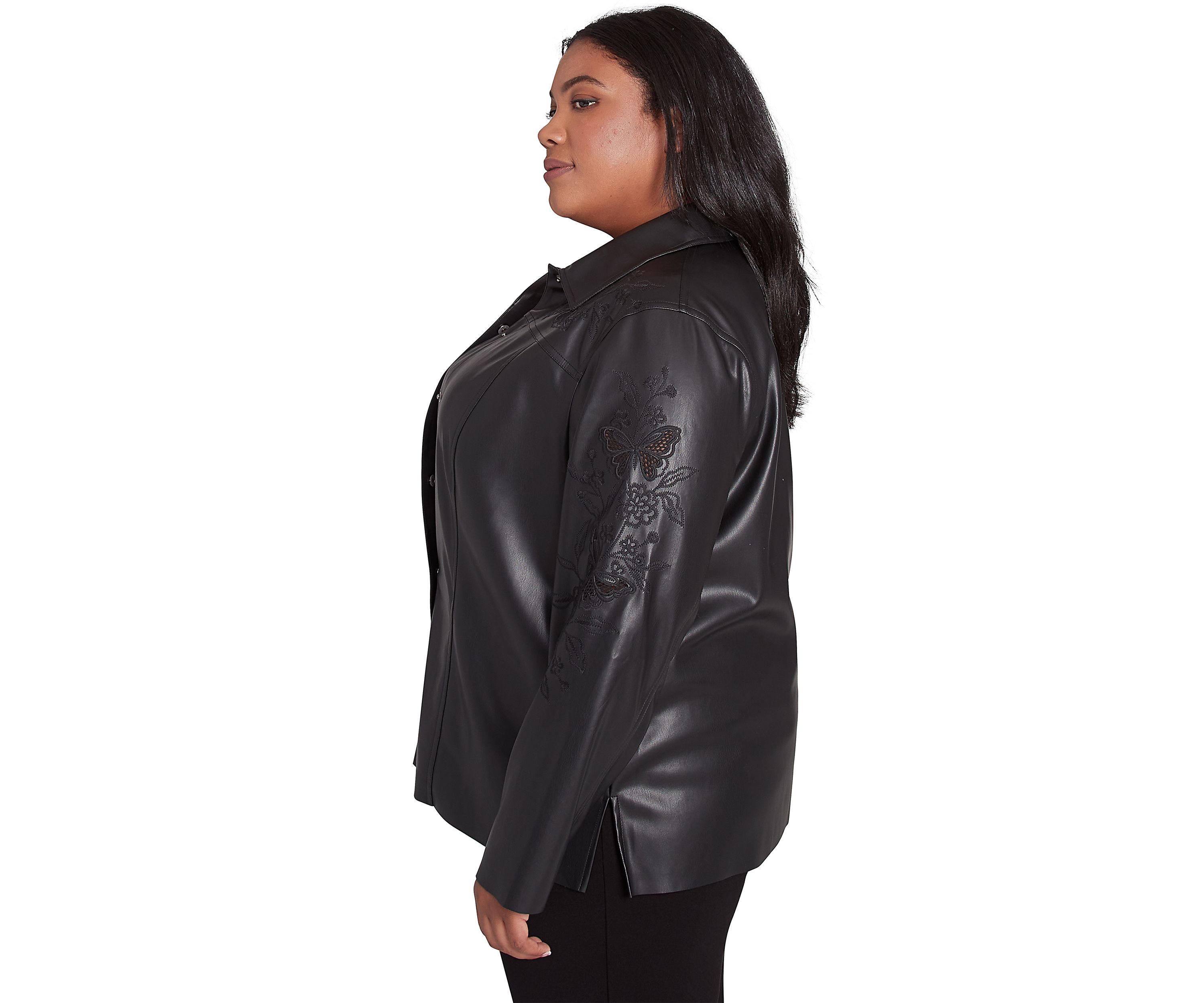 Plus Size Runway Ready Embroidered Faux Leather Jacket