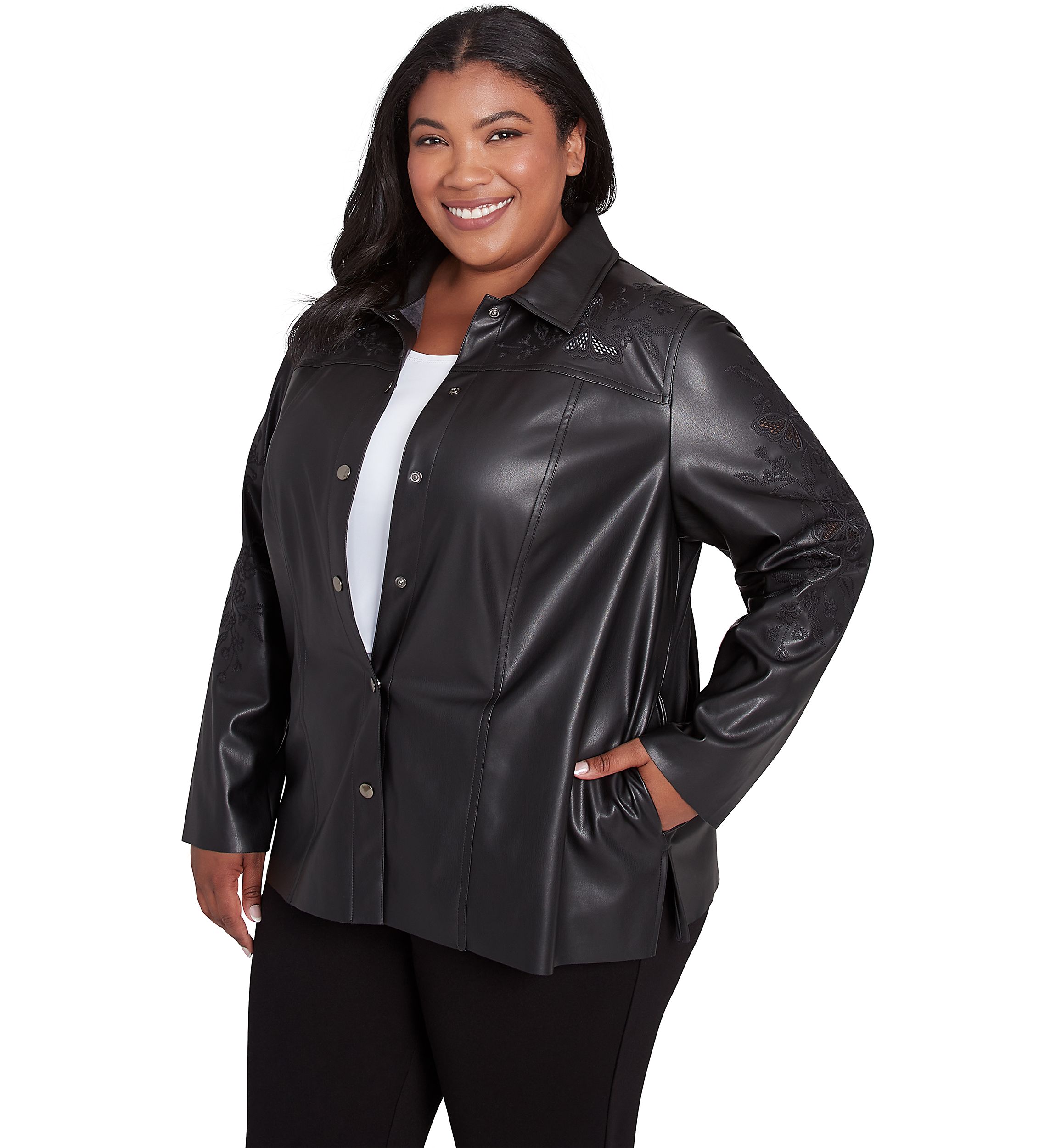 Plus Size Runway Ready Embroidered Faux Leather Jacket