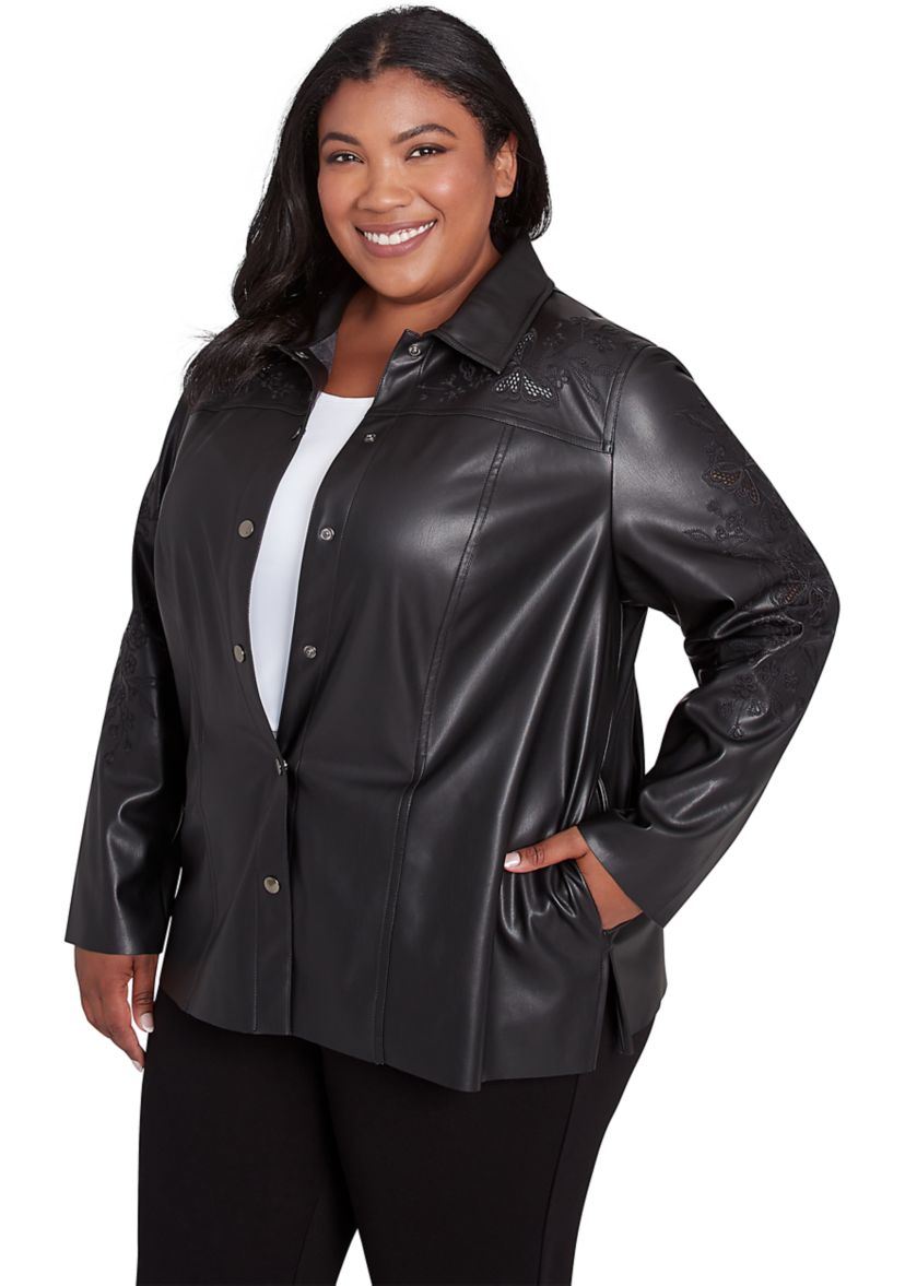 Plus Size Runway Ready Embroidered Faux Leather Jacket