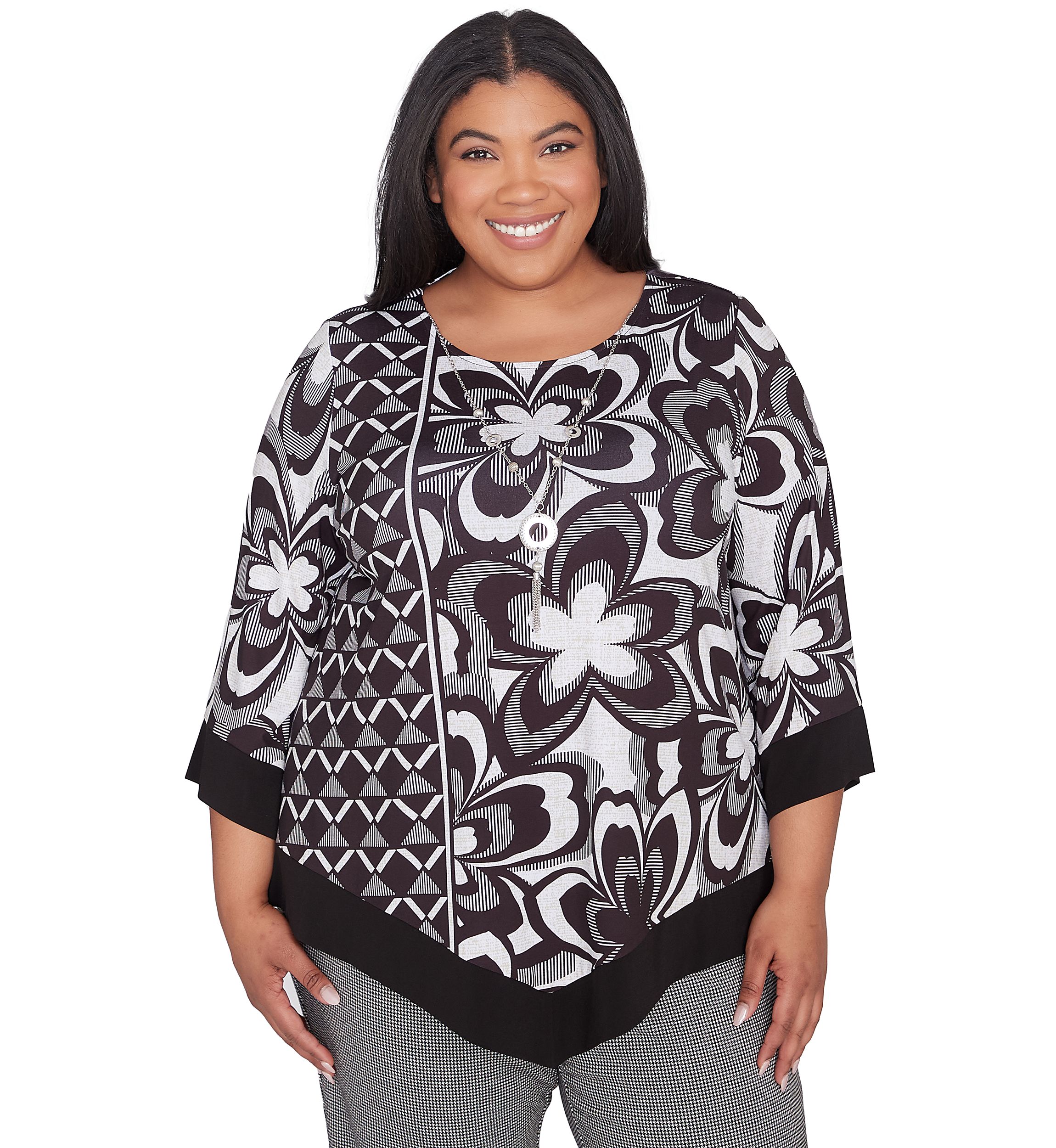Plus Size Runway Ready Floral Geometric Top with Contrast Trim