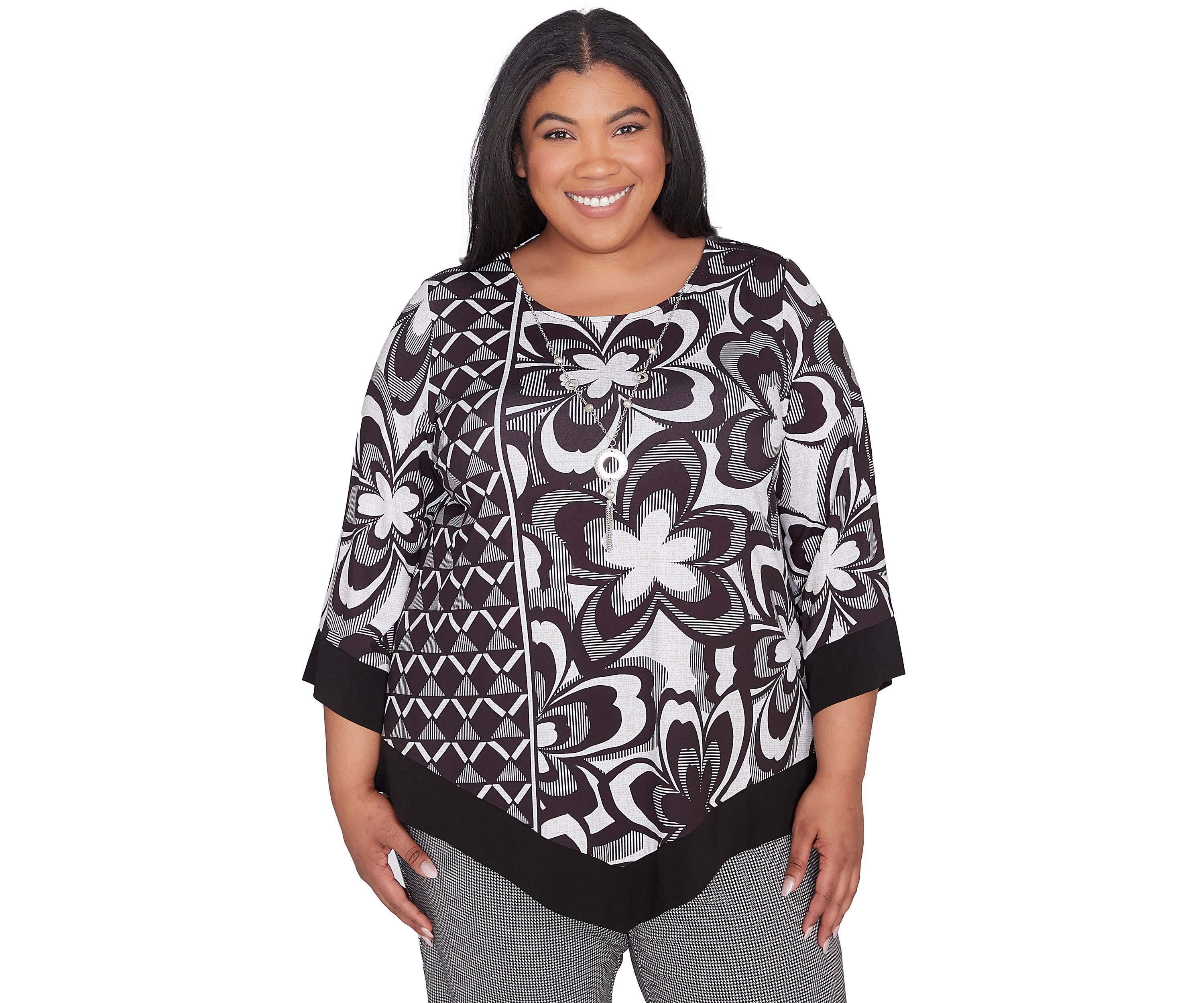Plus Size Runway Ready Floral Geometric Top with Contrast Trim