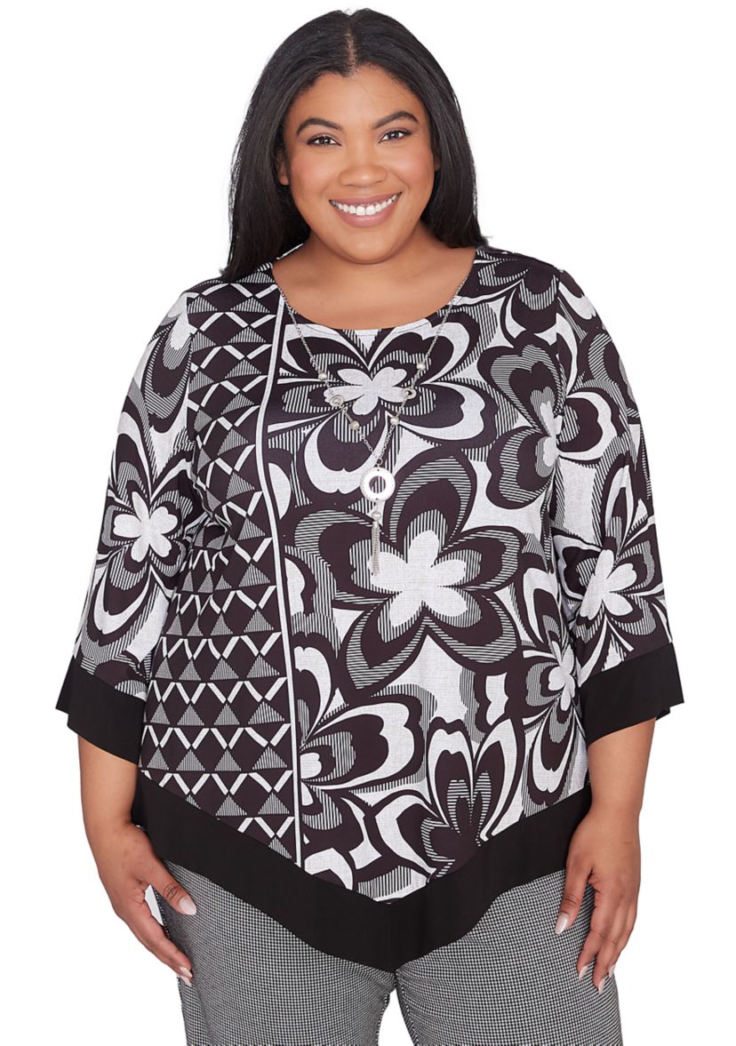 Plus Size Runway Ready Floral Geometric Top with Contrast Trim