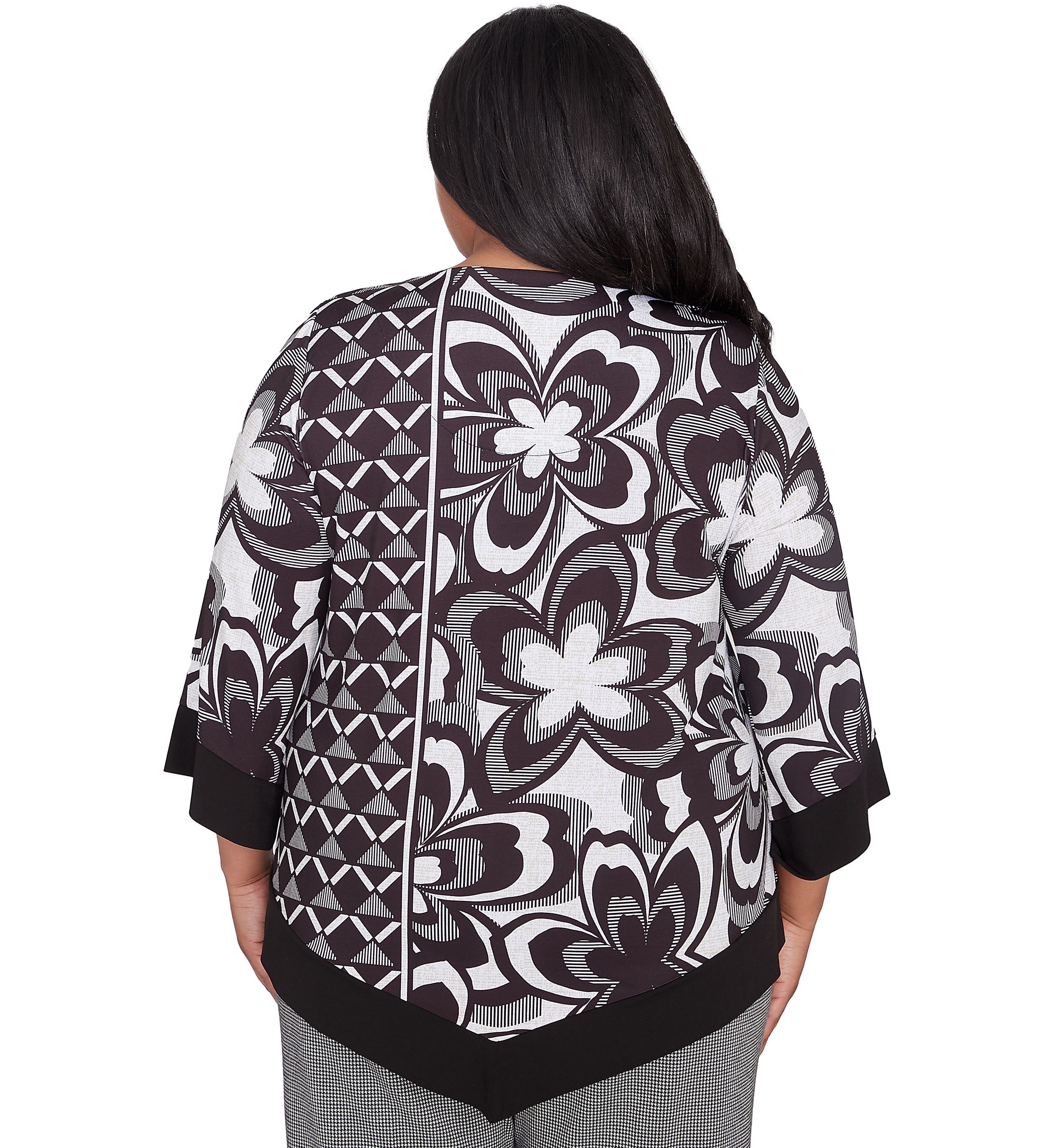 Plus Size Runway Ready Floral Geometric Top with Contrast Trim