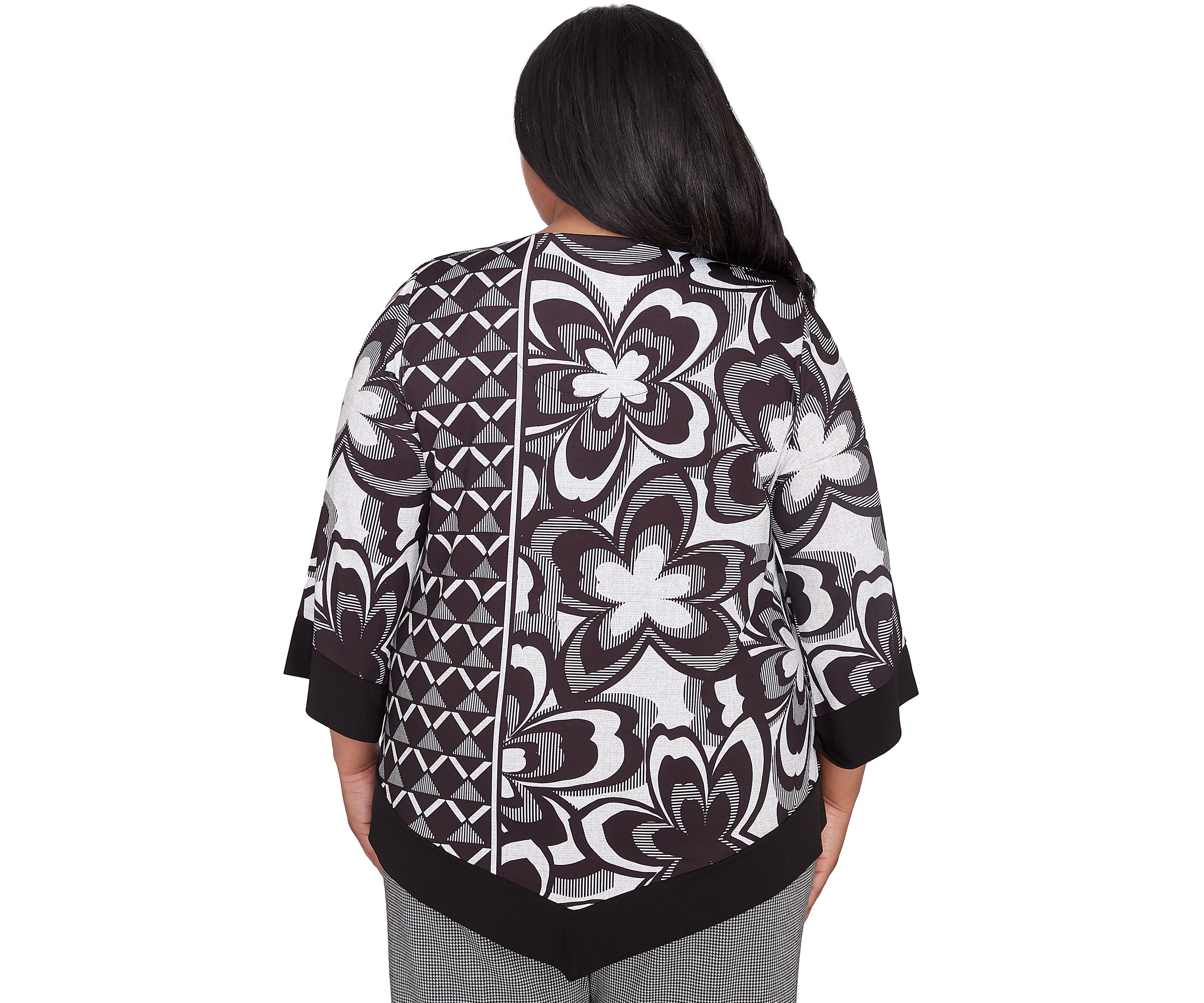 Plus Size Runway Ready Floral Geometric Top with Contrast Trim
