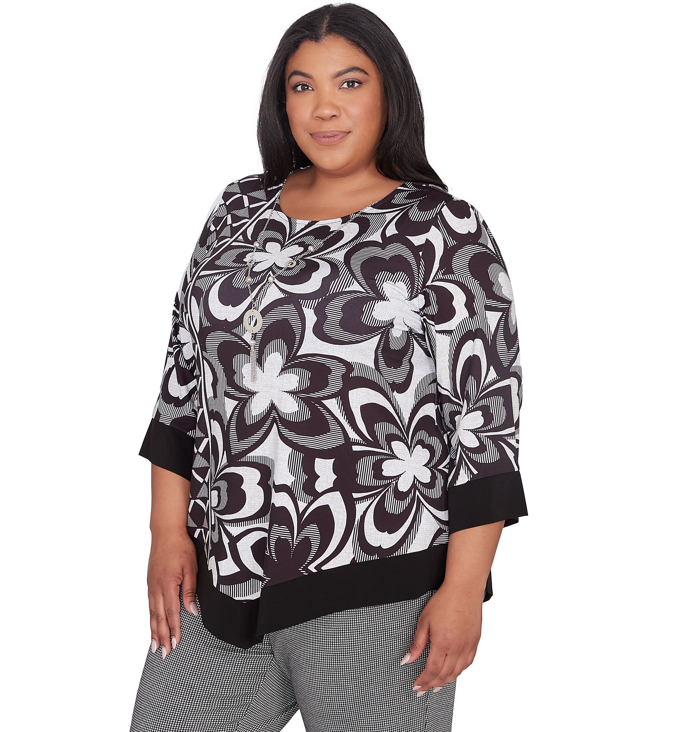 Plus Size Runway Ready Floral Geometric Top with Contrast Trim