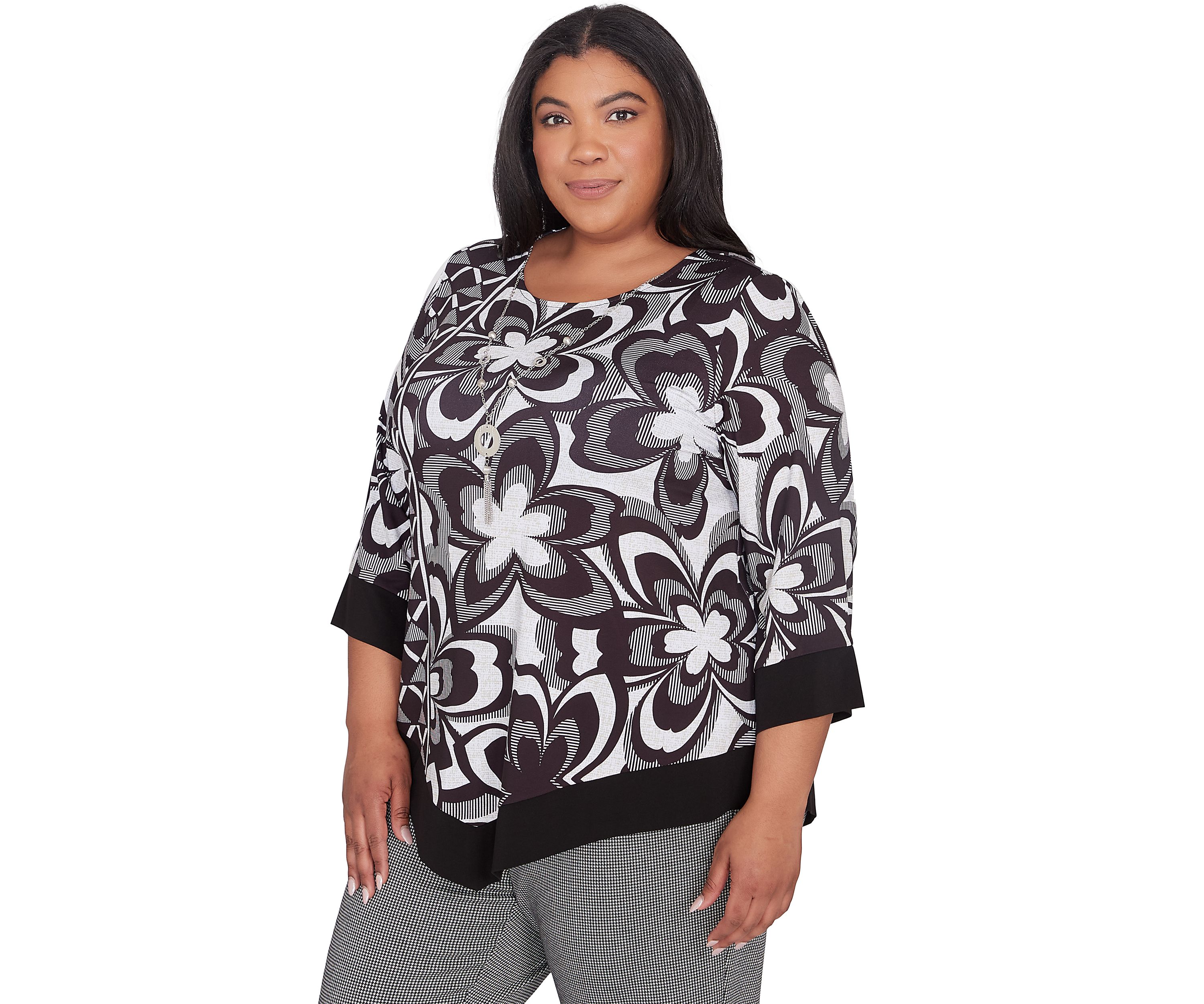 Plus Size Runway Ready Floral Geometric Top with Contrast Trim